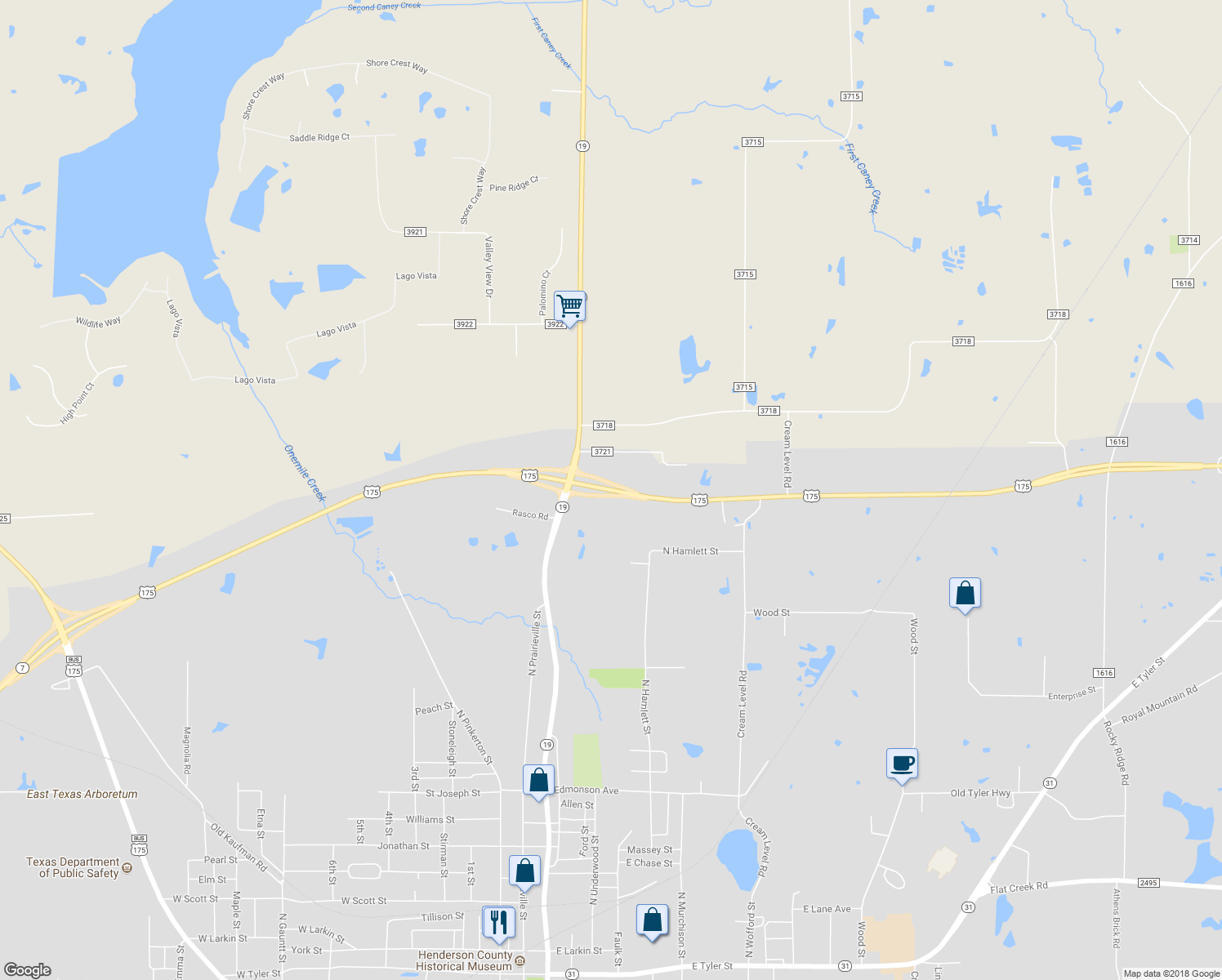 map of restaurants, bars, coffee shops, grocery stores, and more near Texas 7 Loop in Athens