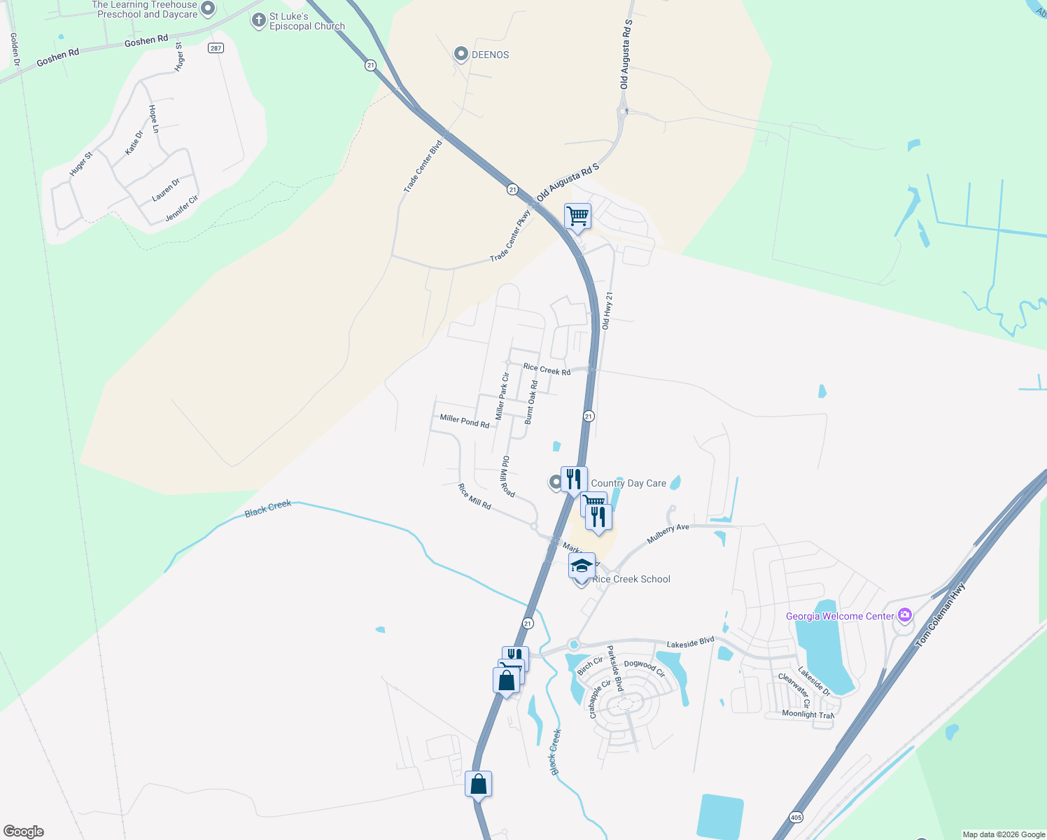 map of restaurants, bars, coffee shops, grocery stores, and more near 19 Burnt Oak Road in Port Wentworth