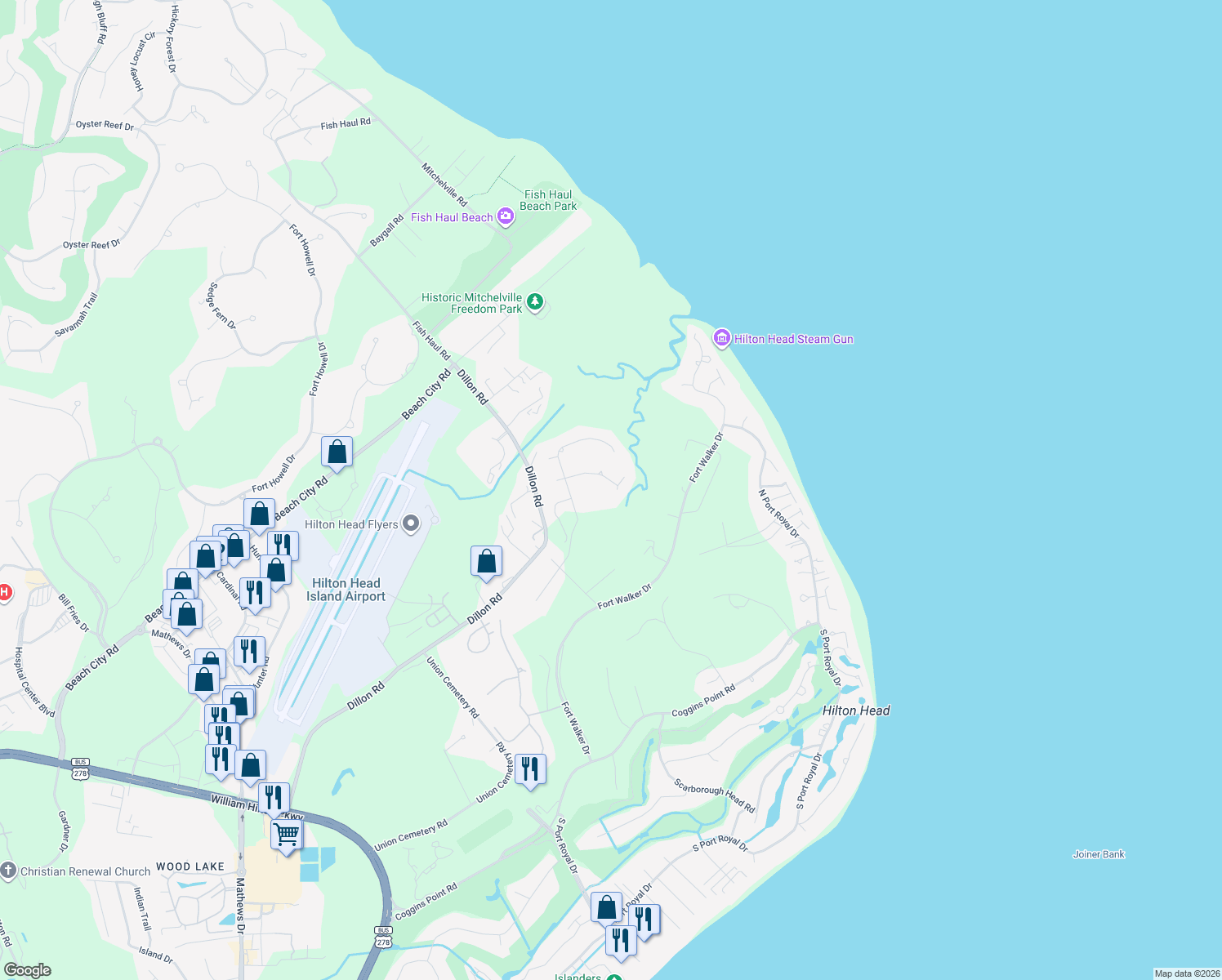 map of restaurants, bars, coffee shops, grocery stores, and more near 18 Tabby Road in Hilton Head Island