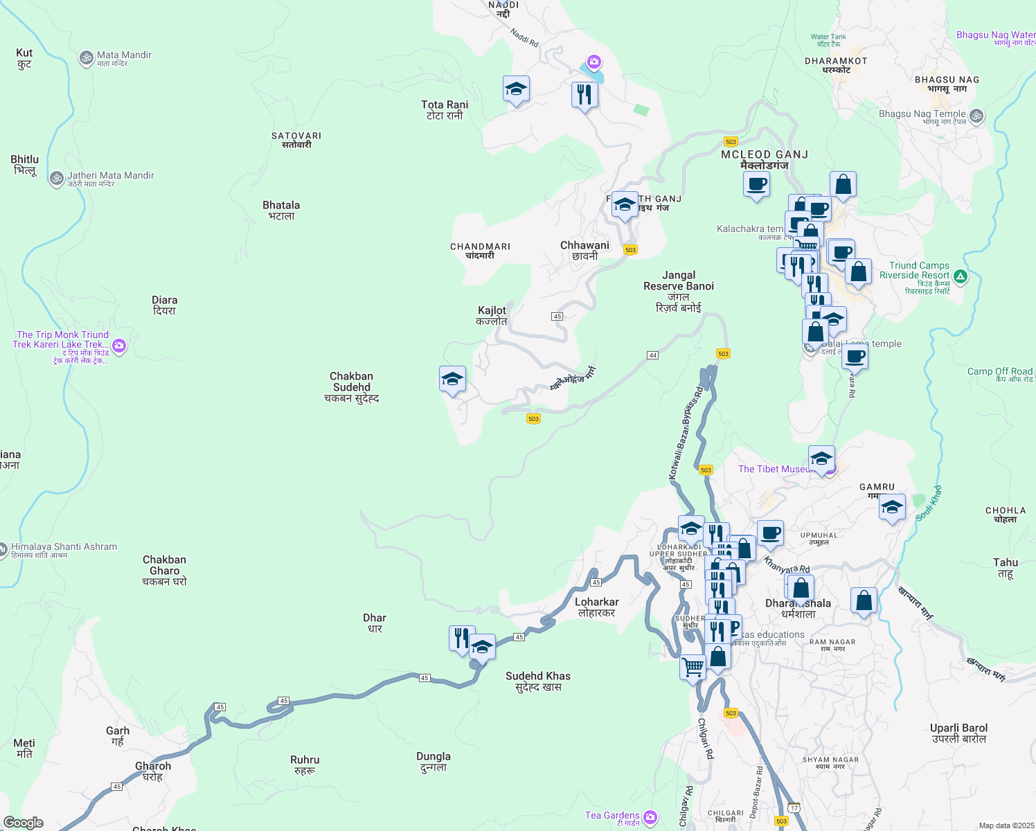 map of restaurants, bars, coffee shops, grocery stores, and more near McLeodganj Road in Dharamsala