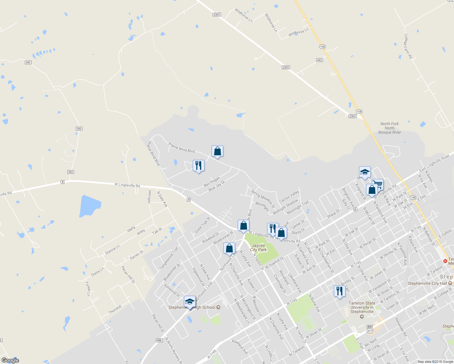 map of restaurants, bars, coffee shops, grocery stores, and more near 133 Blue Jay Street in Stephenville