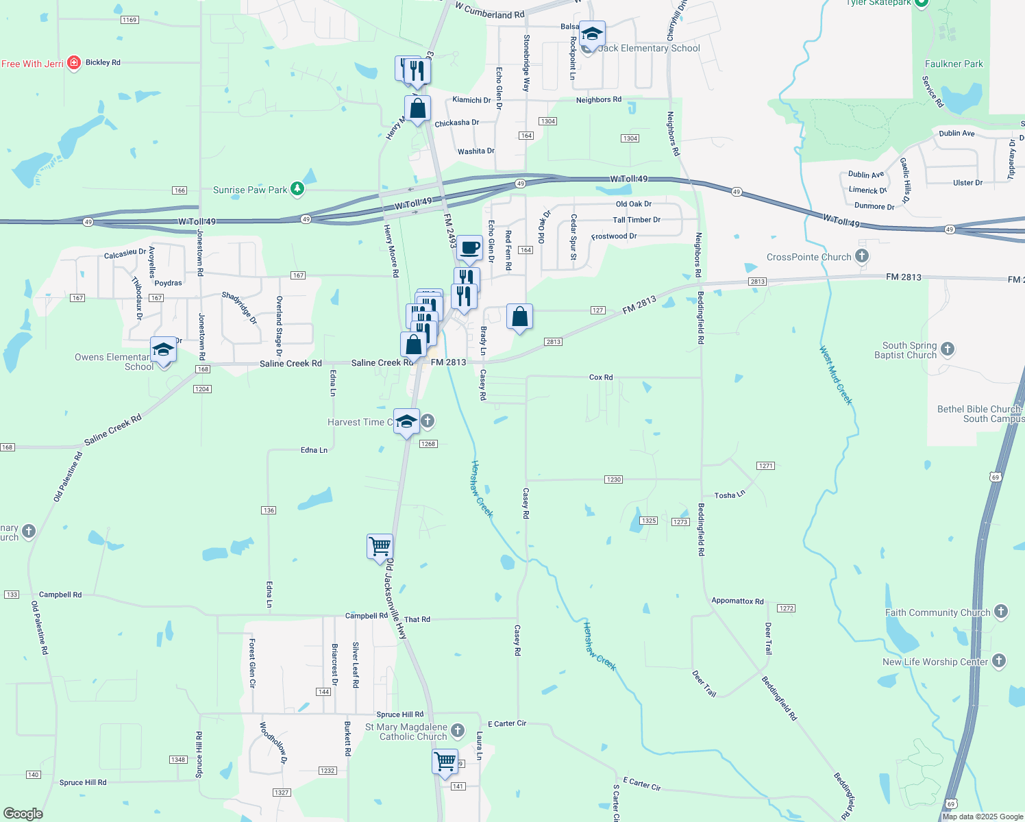 map of restaurants, bars, coffee shops, grocery stores, and more near 17038 County Road 132 in Flint