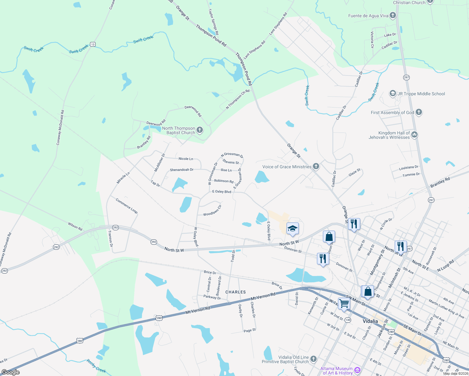 map of restaurants, bars, coffee shops, grocery stores, and more near 704 East Grossman Drive in Vidalia
