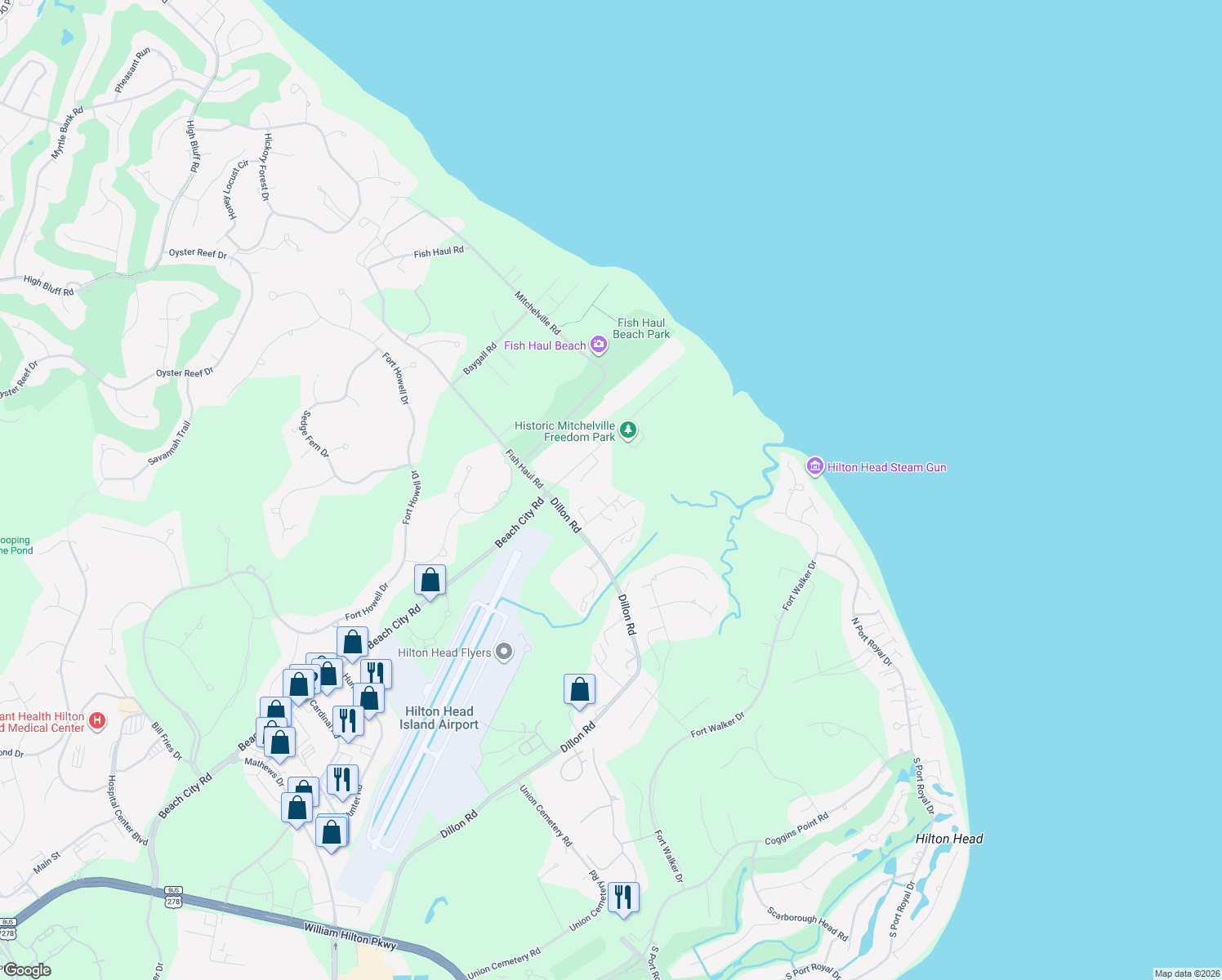 map of restaurants, bars, coffee shops, grocery stores, and more near 9 Wiley Lane in Hilton Head Island