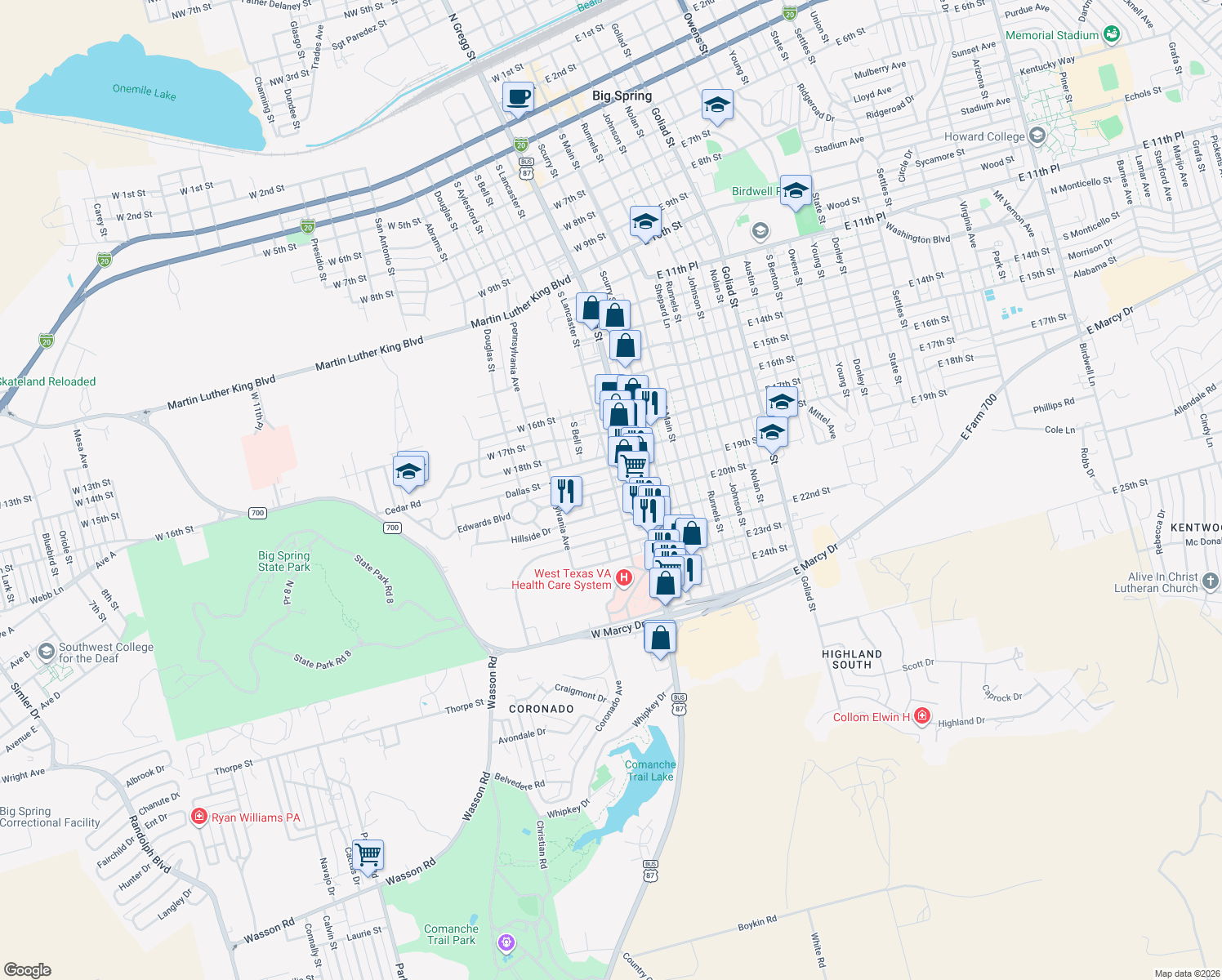 map of restaurants, bars, coffee shops, grocery stores, and more near 401 Edwards Boulevard in Big Spring