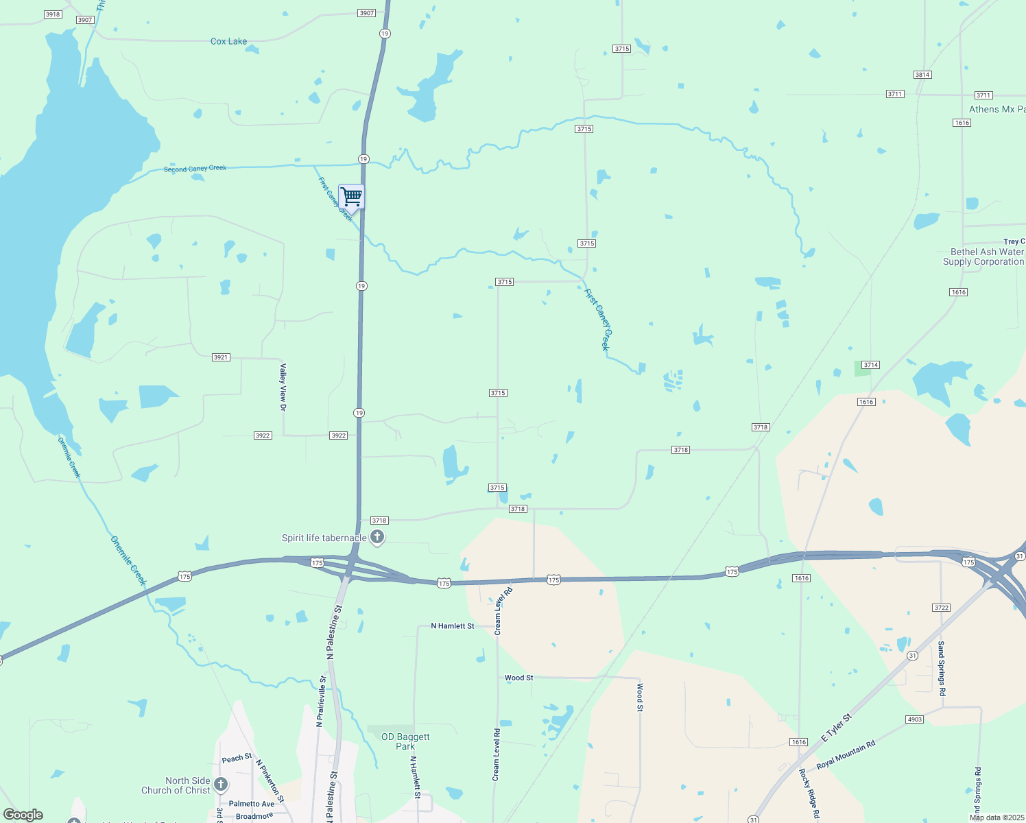 map of restaurants, bars, coffee shops, grocery stores, and more near 6450 County Road 3715 in Athens