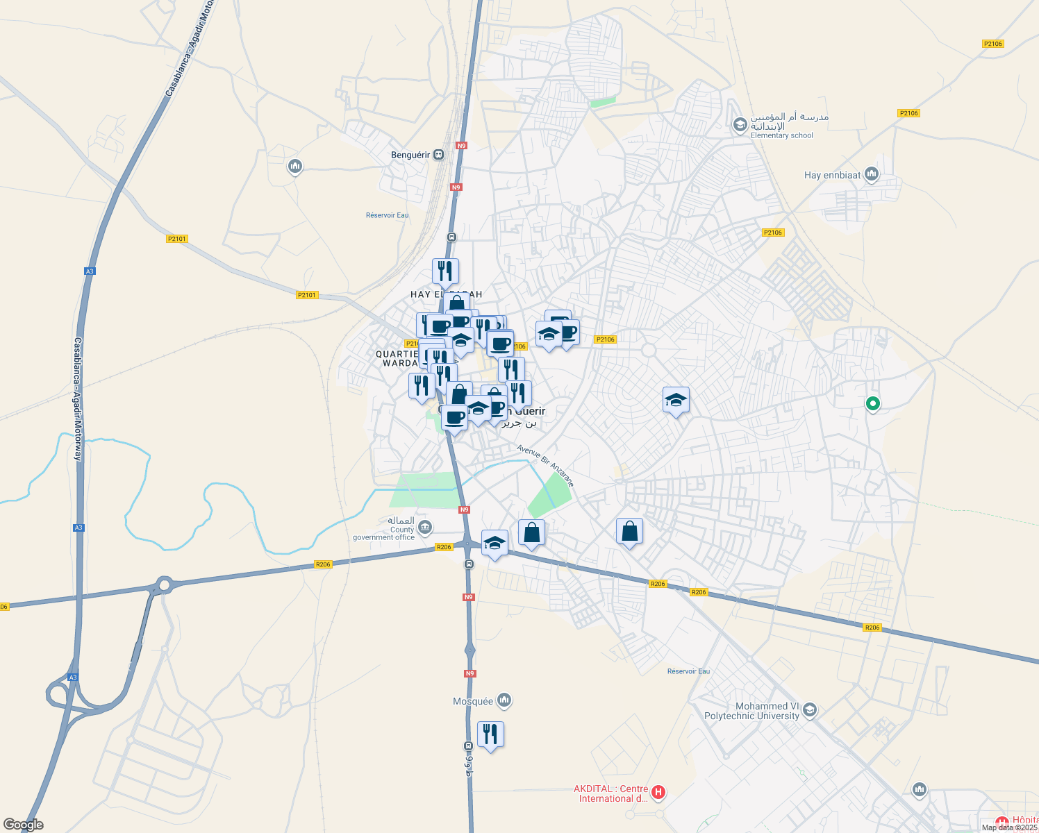 map of restaurants, bars, coffee shops, grocery stores, and more near in Ben Guerir