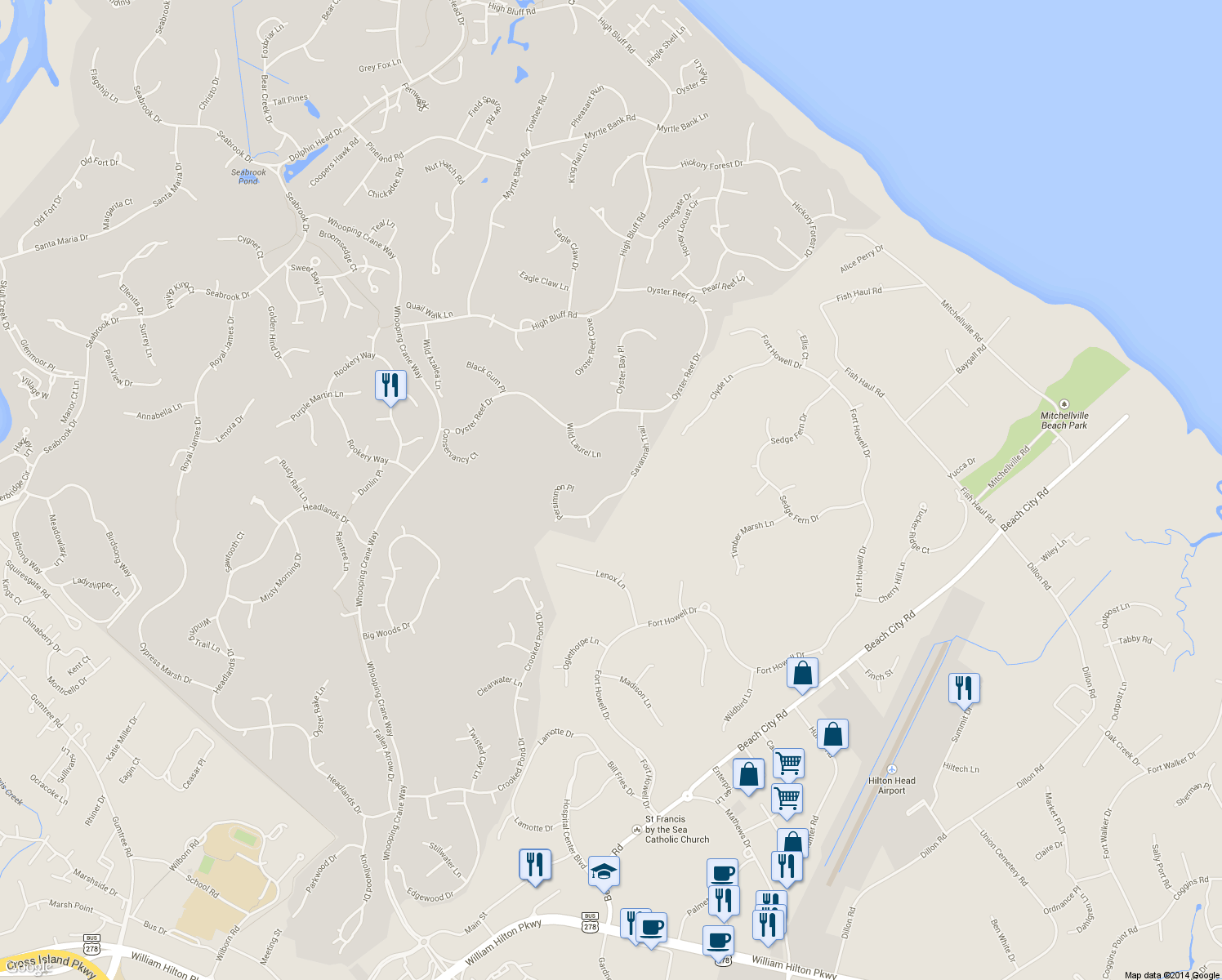 map of restaurants, bars, coffee shops, grocery stores, and more near 36 Savannah Trail in Hilton Head Island