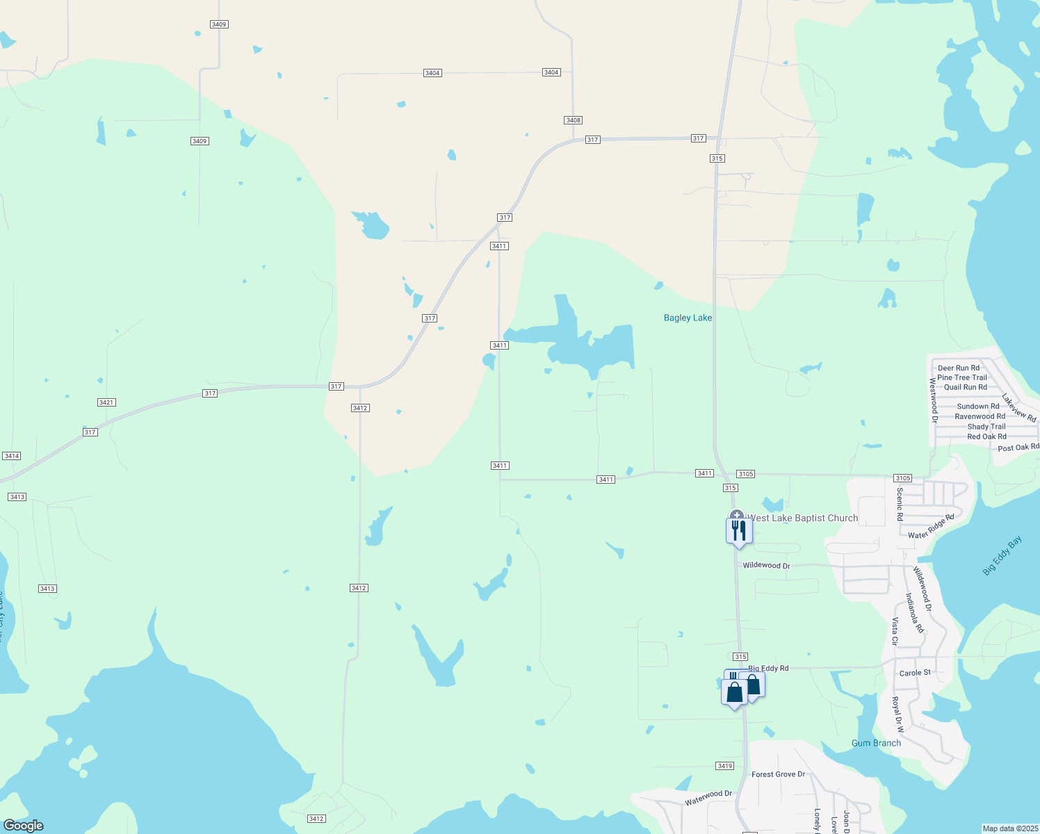 map of restaurants, bars, coffee shops, grocery stores, and more near 19725 County Road 3411 in Chandler