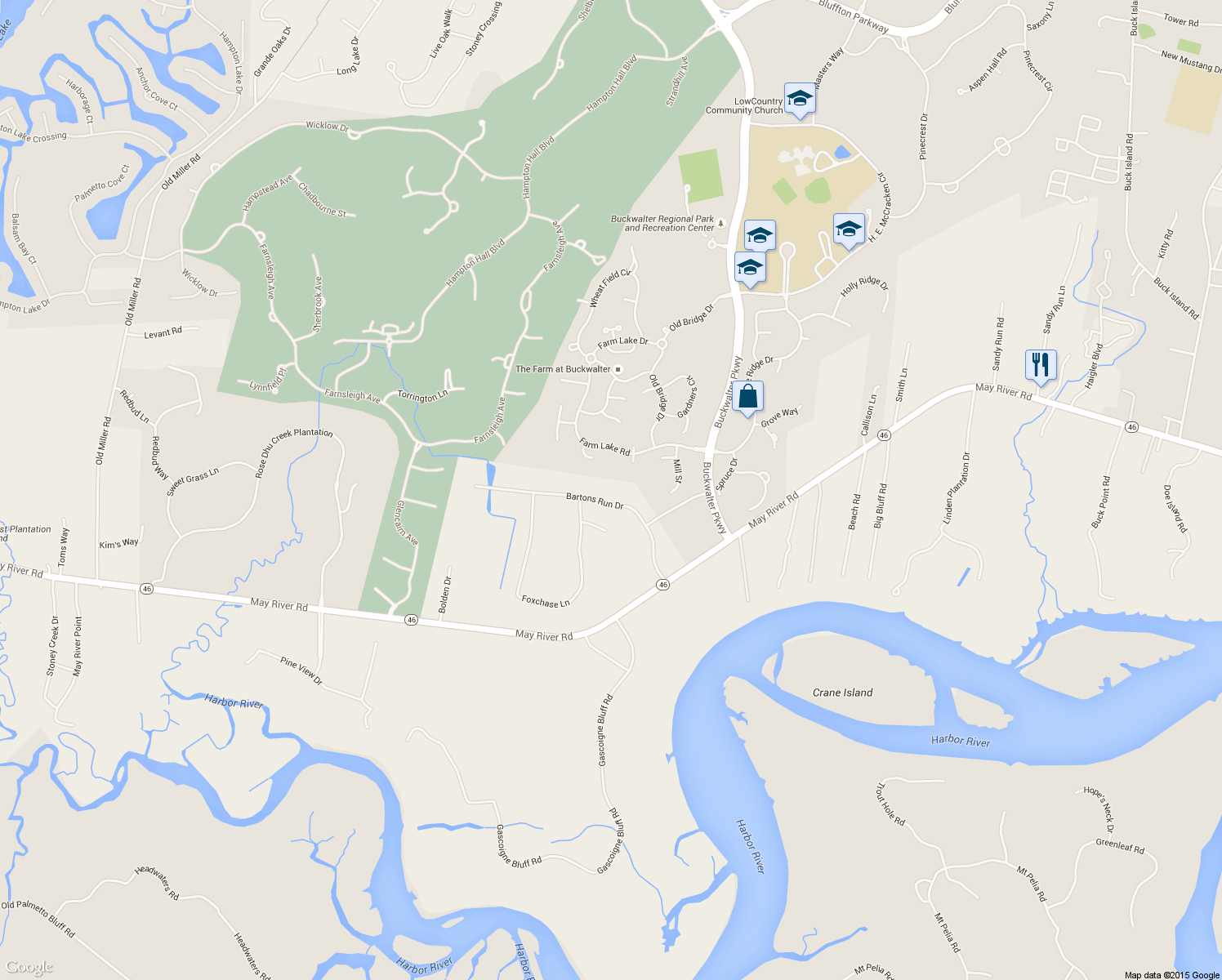 map of restaurants, bars, coffee shops, grocery stores, and more near 20 Bartons Run Drive in Bluffton