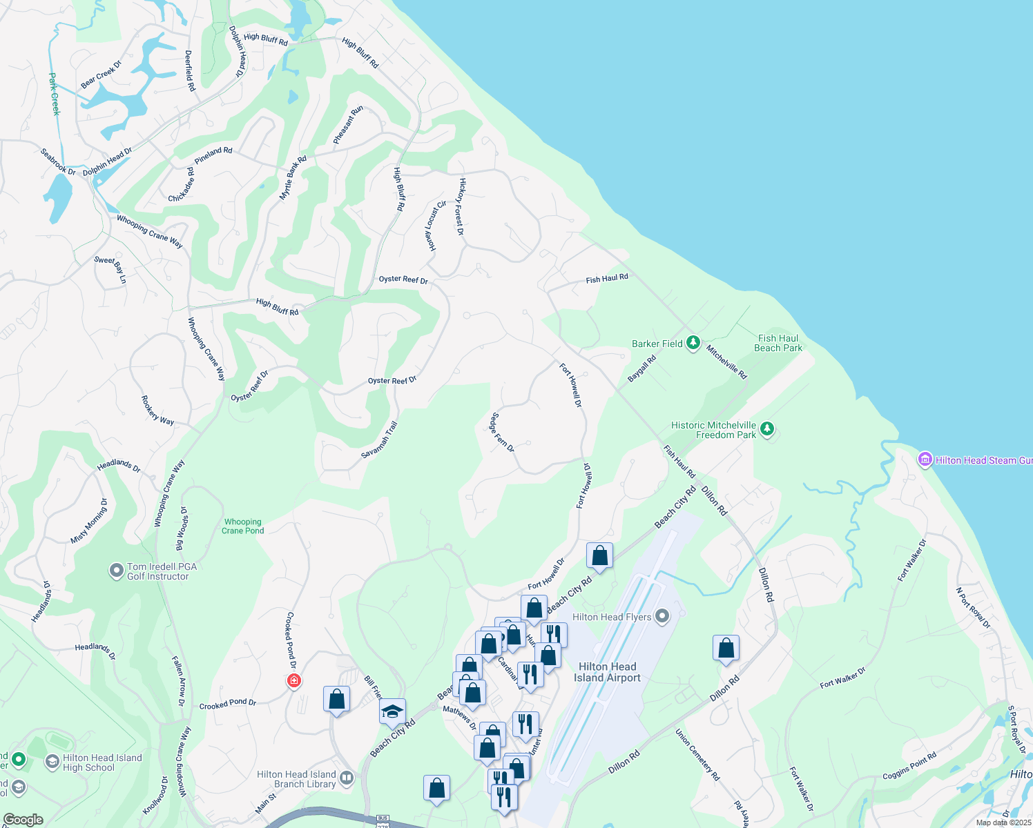 map of restaurants, bars, coffee shops, grocery stores, and more near 48 Sedge Fern Drive in Hilton Head Island