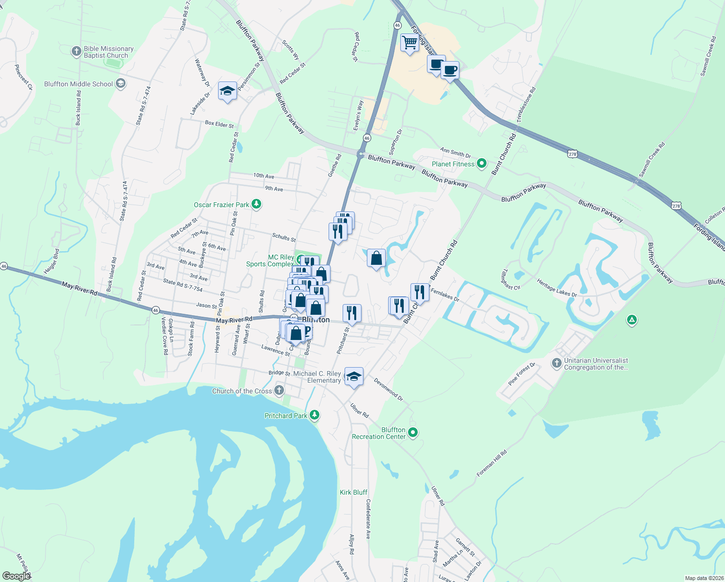 map of restaurants, bars, coffee shops, grocery stores, and more near 28 State Road S-7-713 in Bluffton