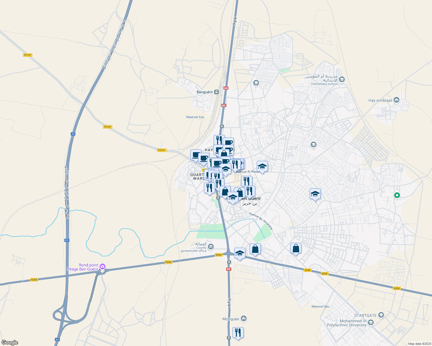 map of restaurants, bars, coffee shops, grocery stores, and more near Avenue Mohamed V in Ben Guérir