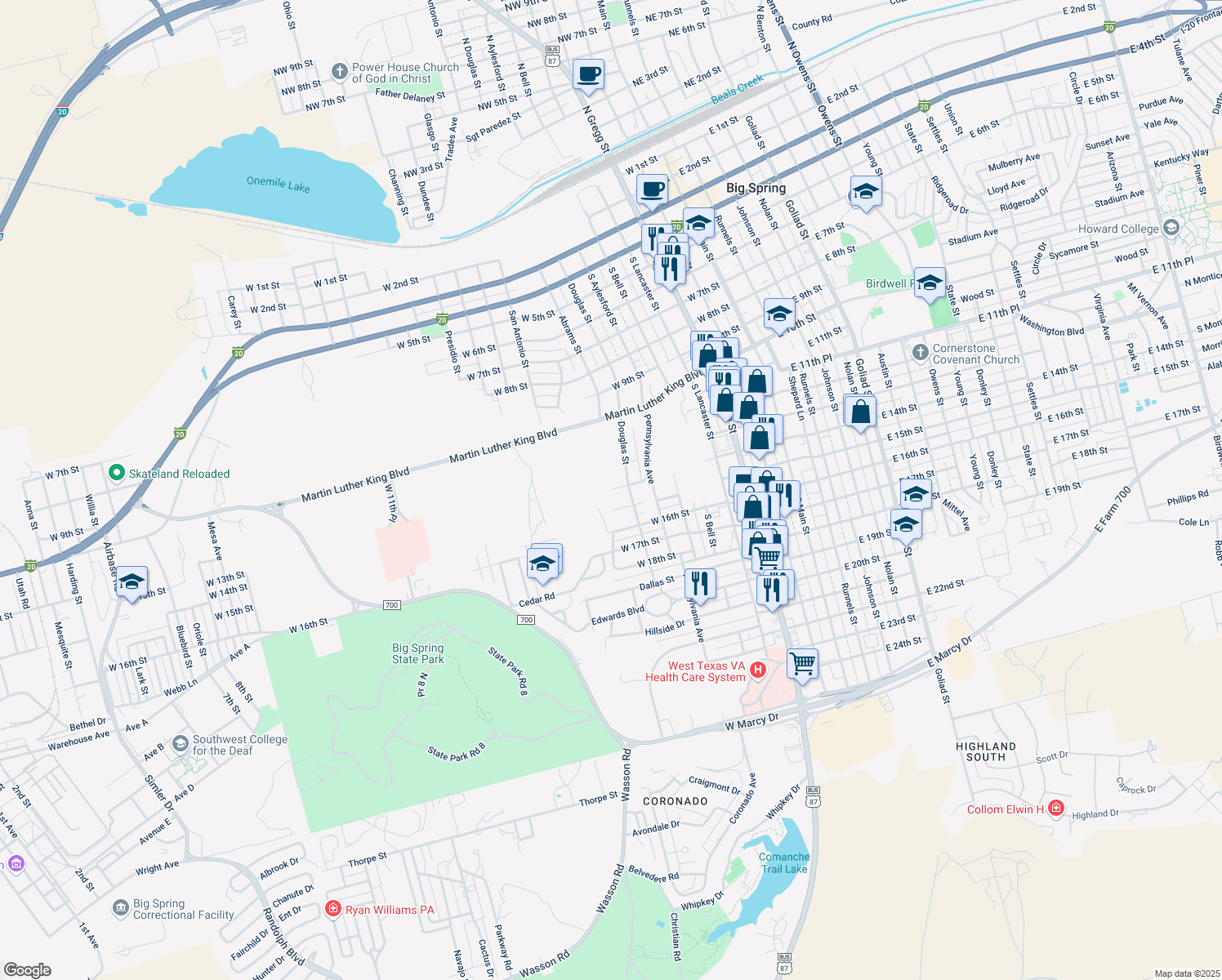 map of restaurants, bars, coffee shops, grocery stores, and more near 814 West 14th Street in Big Spring