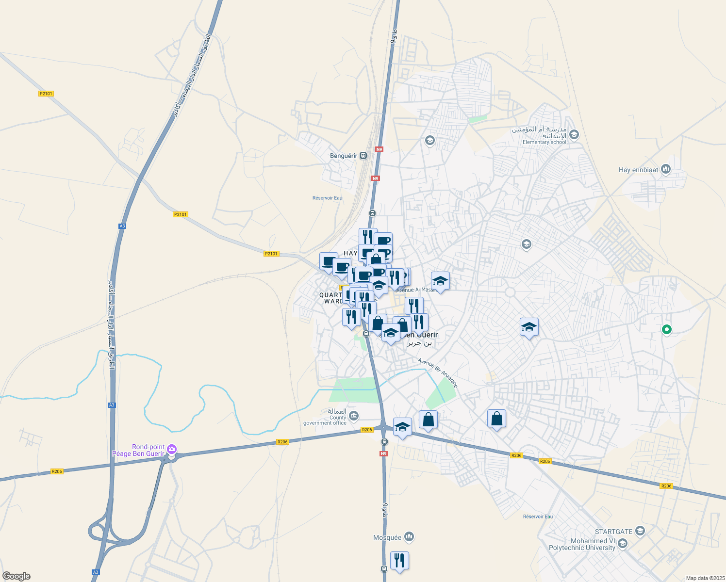 map of restaurants, bars, coffee shops, grocery stores, and more near Avenue Mohamed V in Ben Guérir
