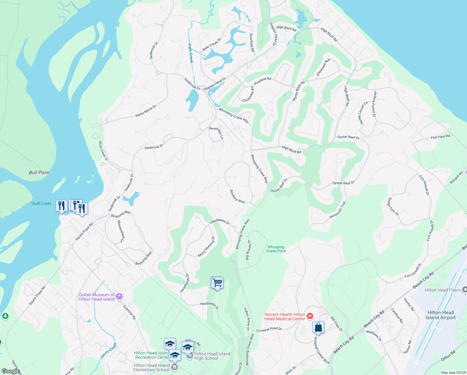 map of restaurants, bars, coffee shops, grocery stores, and more near 18 Rookery Way in Hilton Head Island