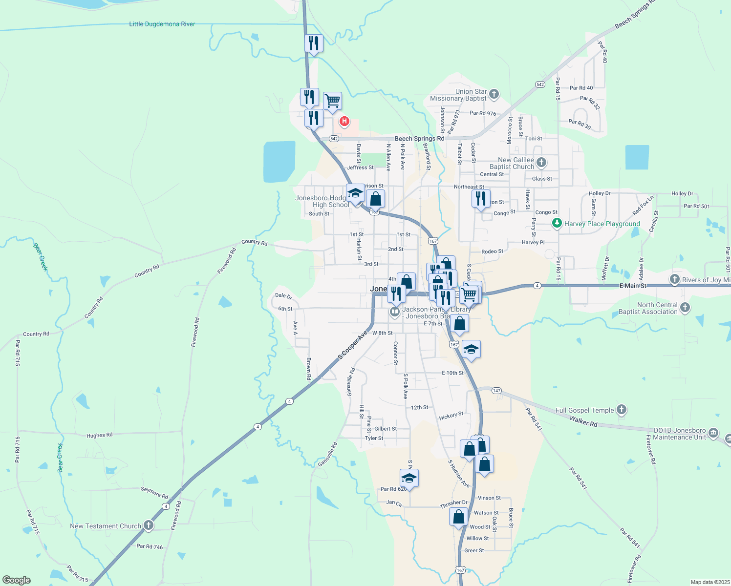 map of restaurants, bars, coffee shops, grocery stores, and more near 506 5th Street in Jonesboro