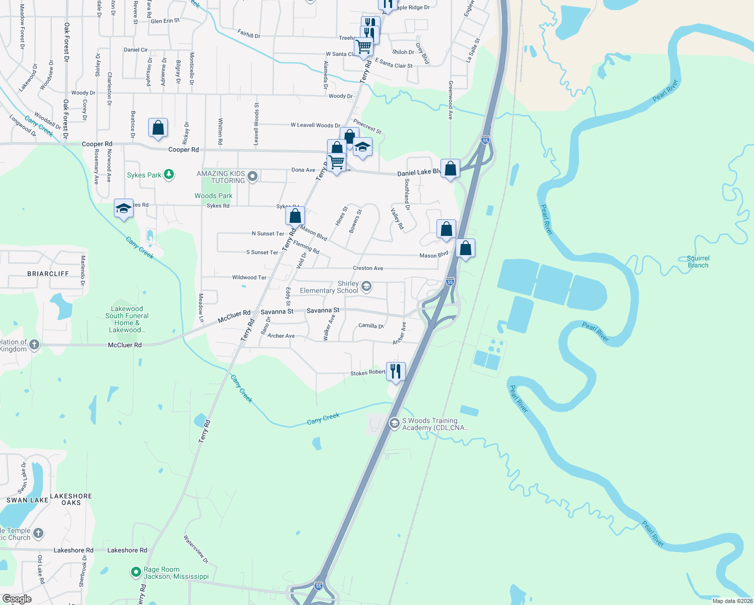 map of restaurants, bars, coffee shops, grocery stores, and more near 347 Judy St in Jackson
