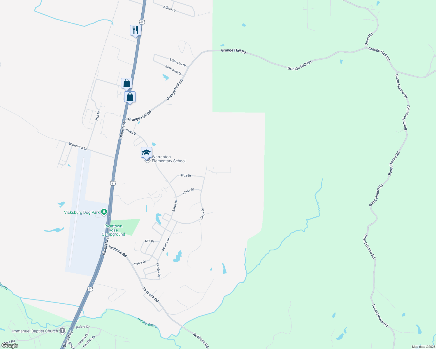 map of restaurants, bars, coffee shops, grocery stores, and more near 115 Fleetwood Dr in Vicksburg