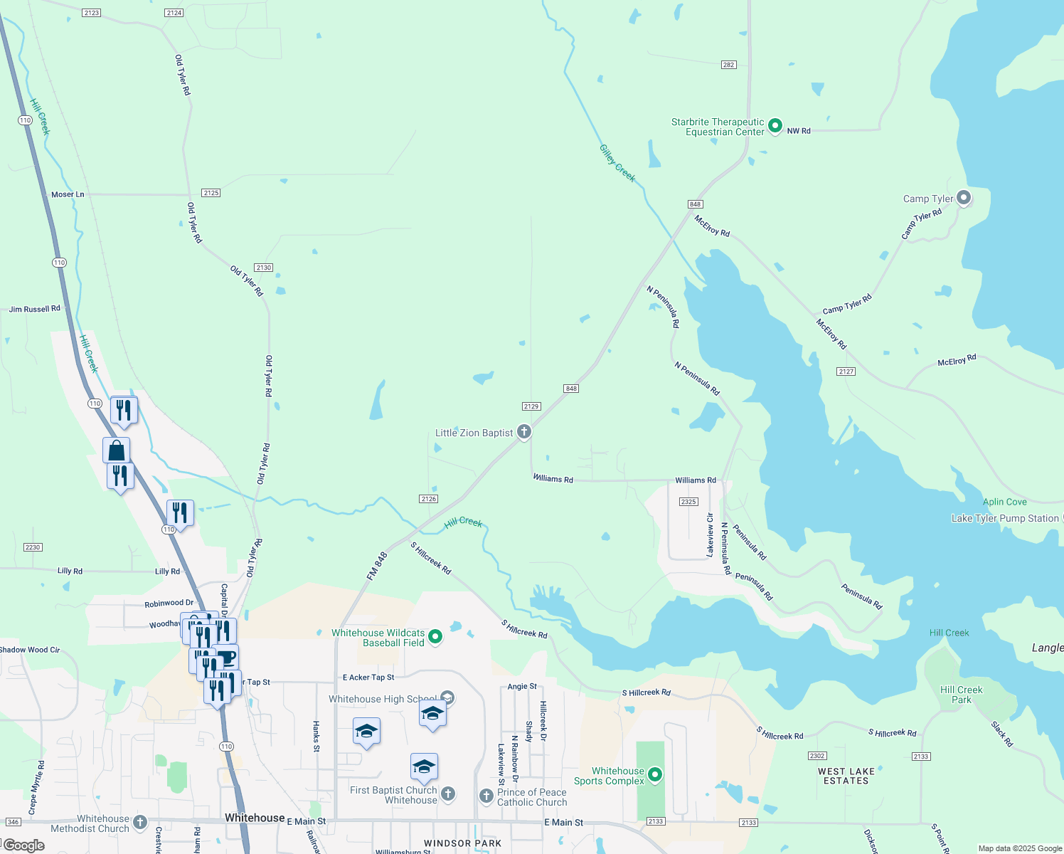 map of restaurants, bars, coffee shops, grocery stores, and more near 15999 Farm to Market 848 in Whitehouse