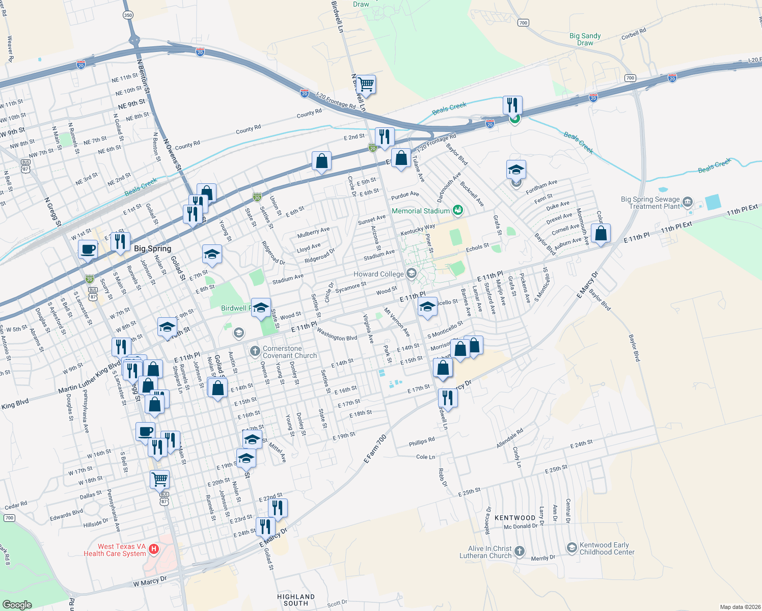 map of restaurants, bars, coffee shops, grocery stores, and more near 1550 E 11th Pl in Big Spring
