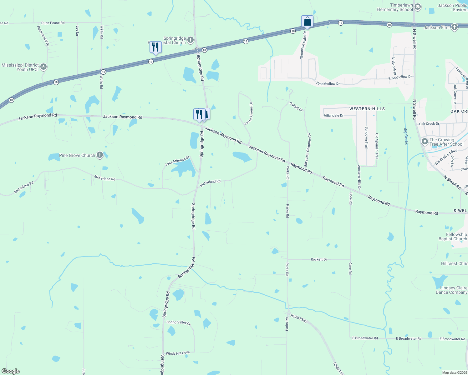 map of restaurants, bars, coffee shops, grocery stores, and more near 3521 McFarland Rd in Raymond