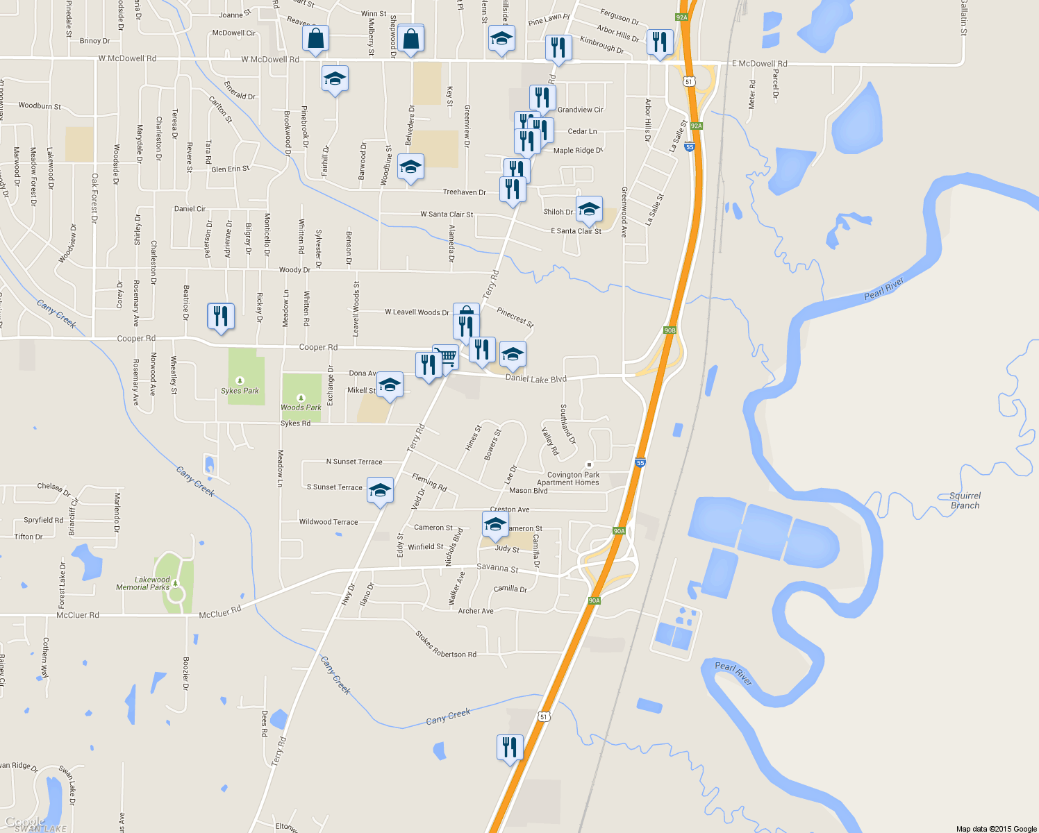 map of restaurants, bars, coffee shops, grocery stores, and more near 3501 Bowers St in Jackson
