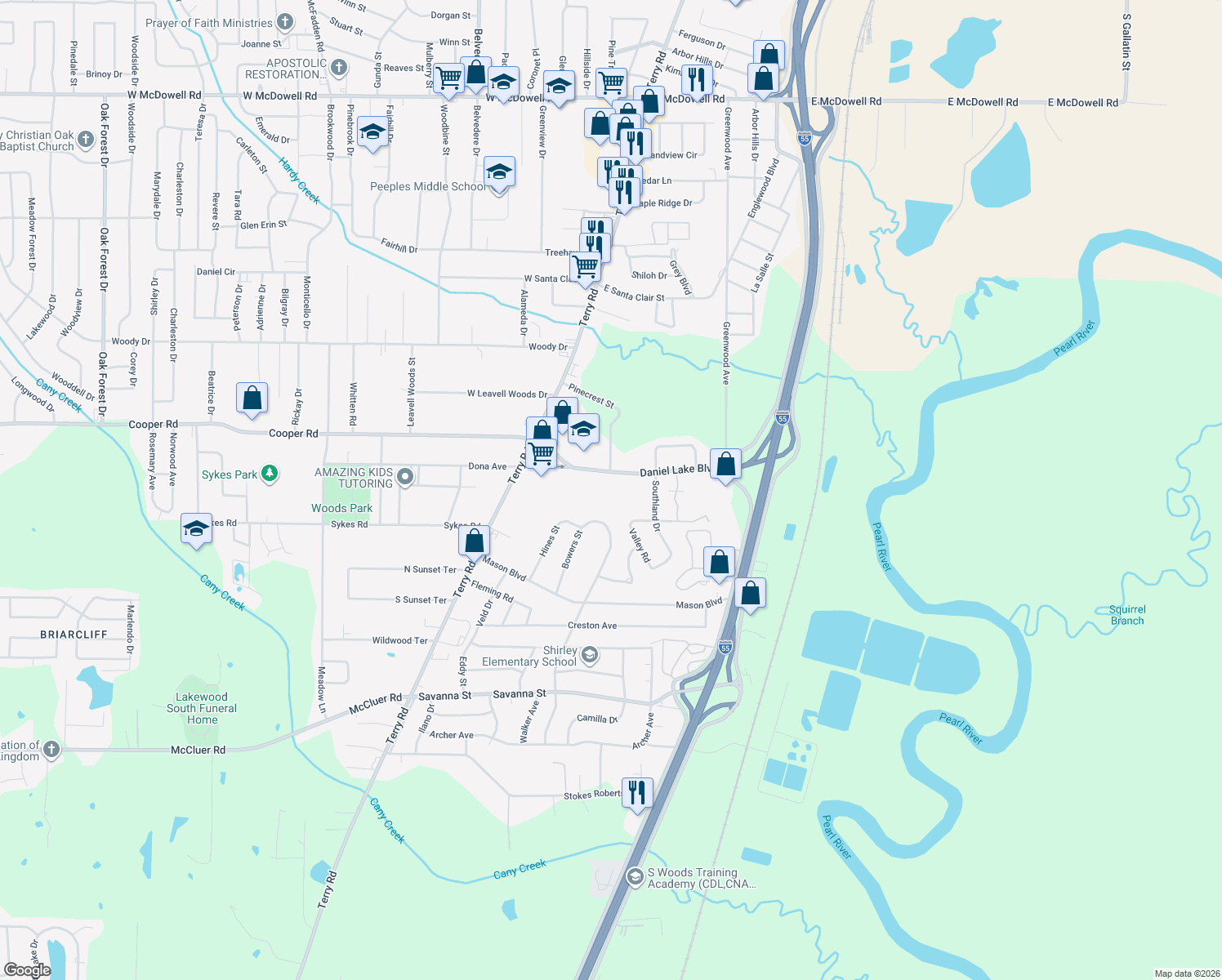 map of restaurants, bars, coffee shops, grocery stores, and more near 229 Daniel Lake Boulevard in Jackson
