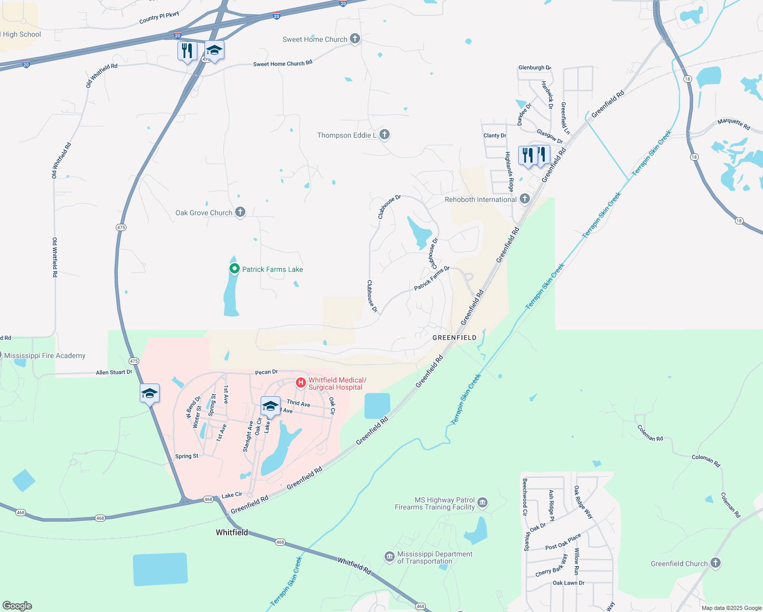 map of restaurants, bars, coffee shops, grocery stores, and more near 422 Patrick Farms Drive in Pearl