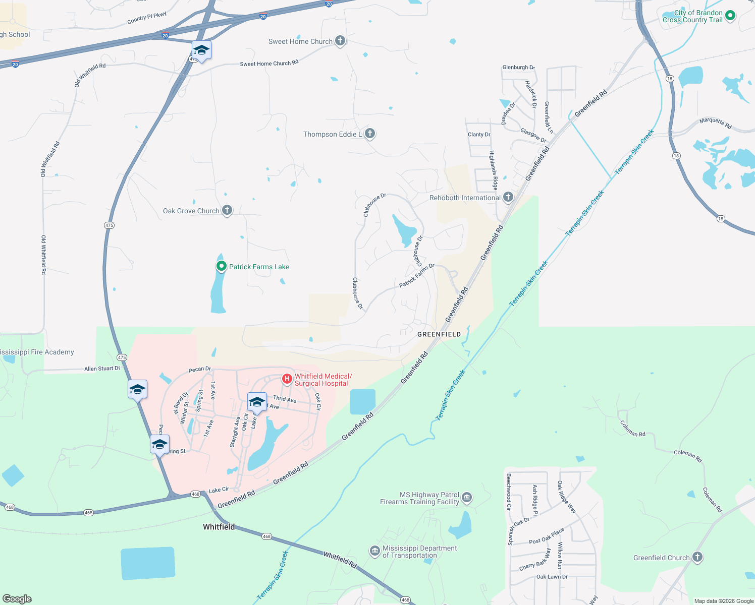 map of restaurants, bars, coffee shops, grocery stores, and more near 417 Patrick Farms Drive in Pearl