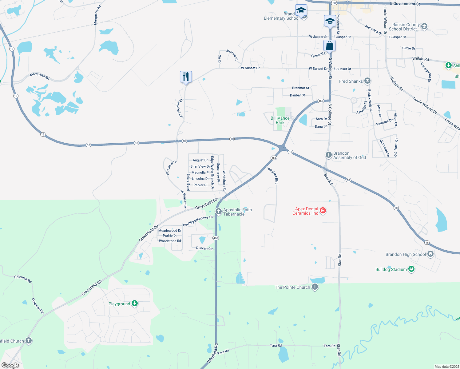 map of restaurants, bars, coffee shops, grocery stores, and more near 106 Sunchase Dr in Brandon