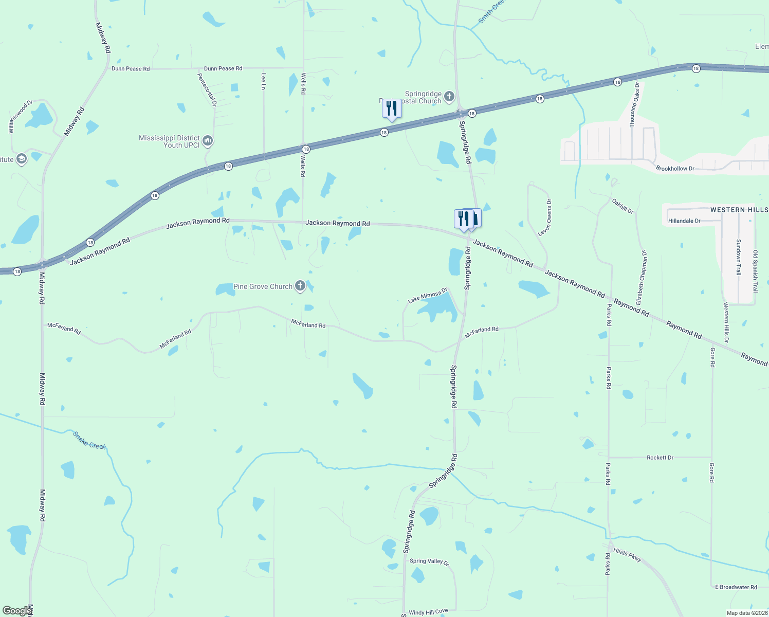 map of restaurants, bars, coffee shops, grocery stores, and more near 2824 McFarland Road in Raymond