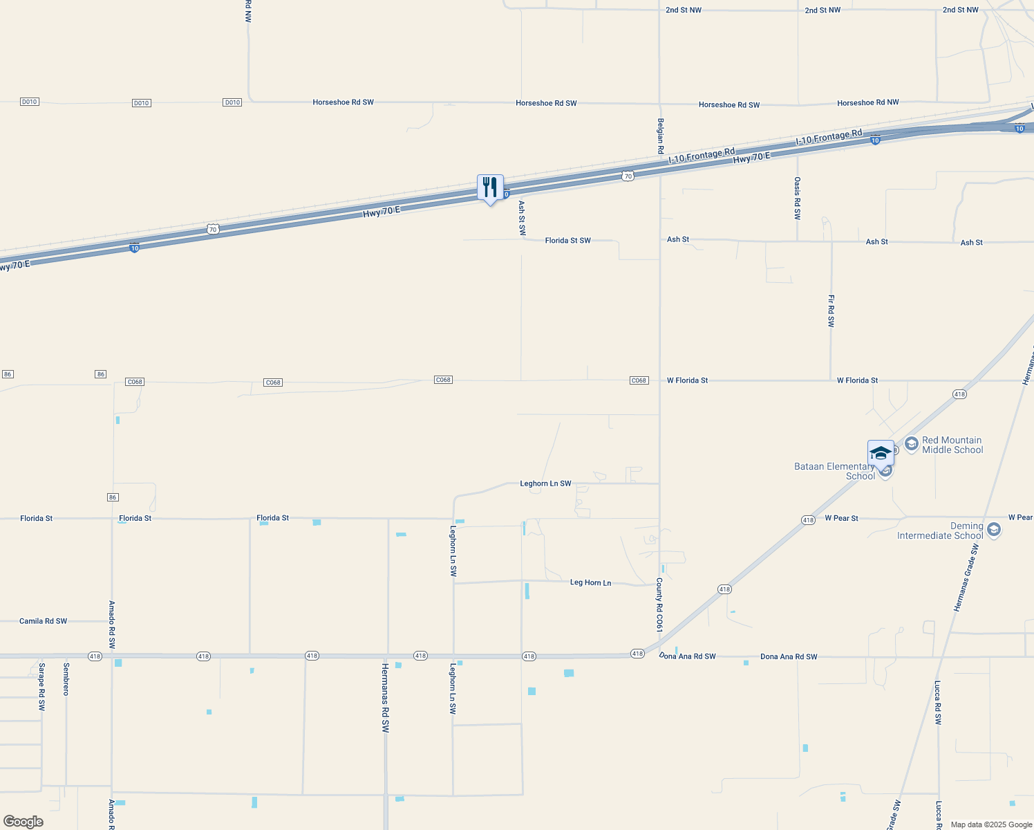 map of restaurants, bars, coffee shops, grocery stores, and more near Red Rooster Lane Southwest in Deming