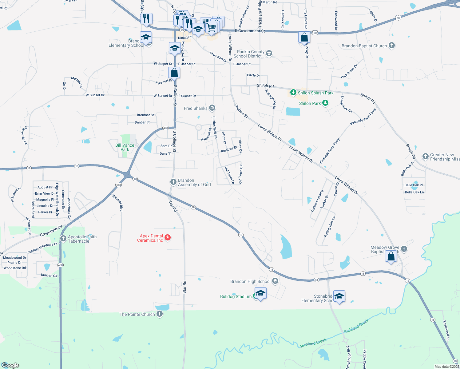map of restaurants, bars, coffee shops, grocery stores, and more near 246 Busick Wells Rd in Brandon