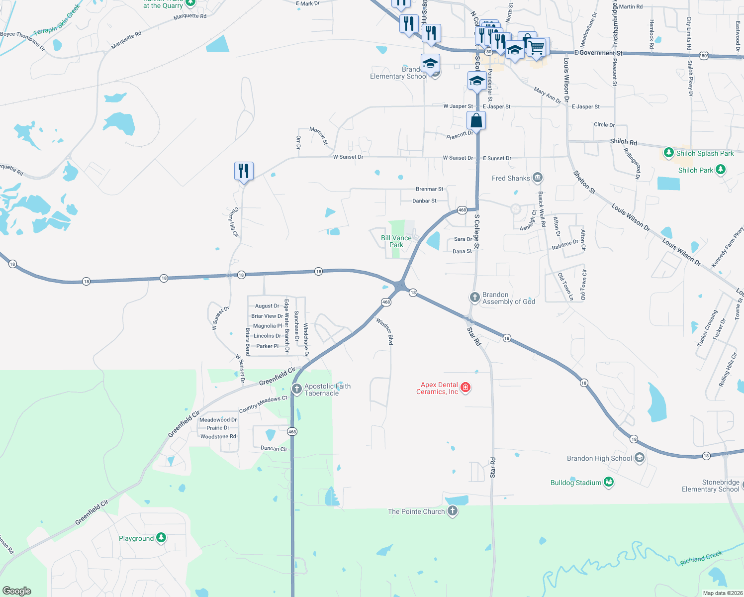 map of restaurants, bars, coffee shops, grocery stores, and more near 350 Whitfield Road in Brandon