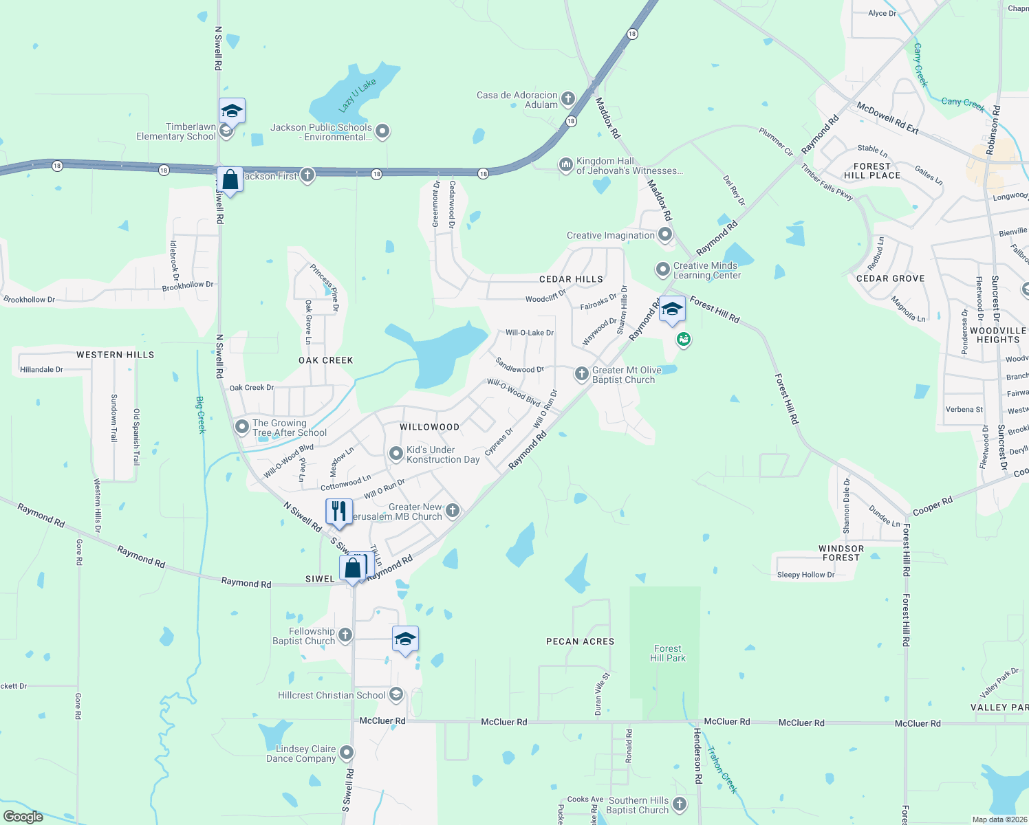 map of restaurants, bars, coffee shops, grocery stores, and more near 114 Sycamore Ln in Jackson