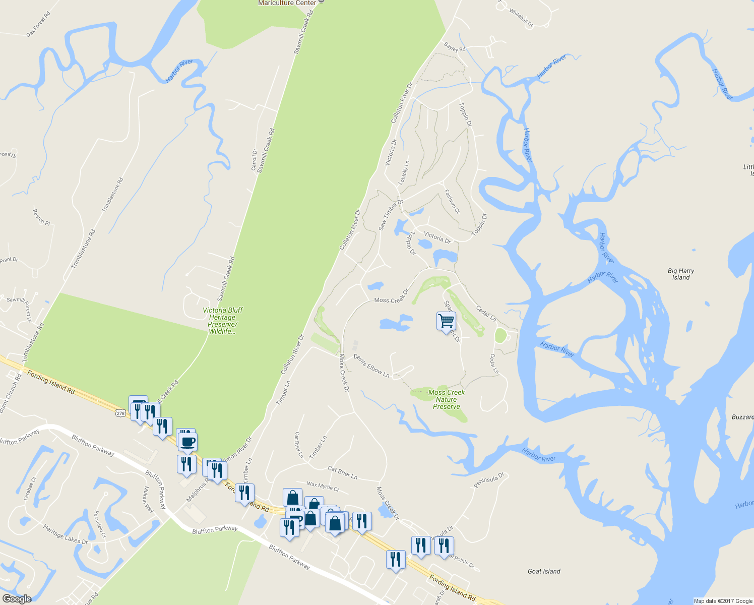 map of restaurants, bars, coffee shops, grocery stores, and more near 236 Moss Creek Drive in Hilton Head Island