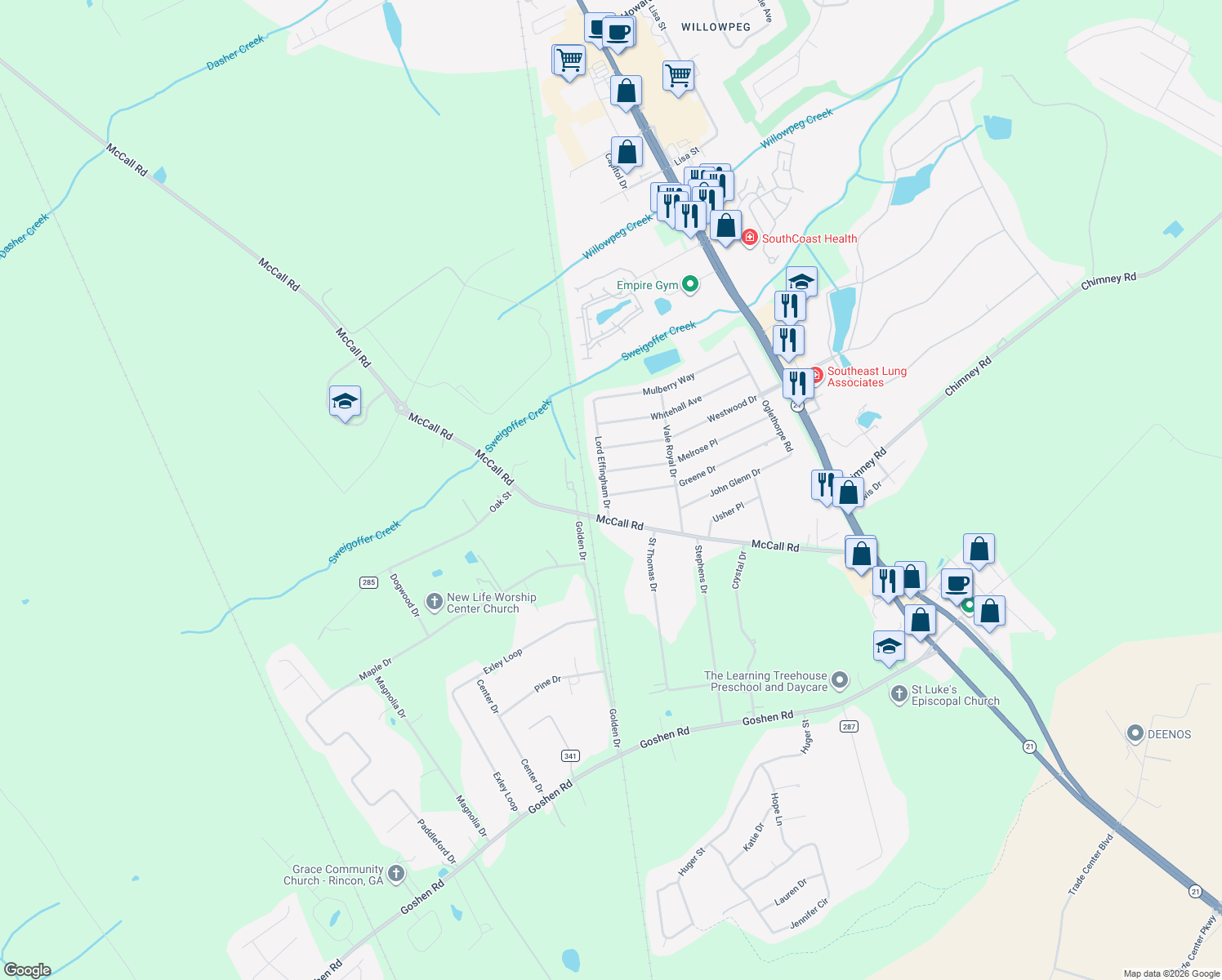 map of restaurants, bars, coffee shops, grocery stores, and more near 222 Greene Dr in Rincon