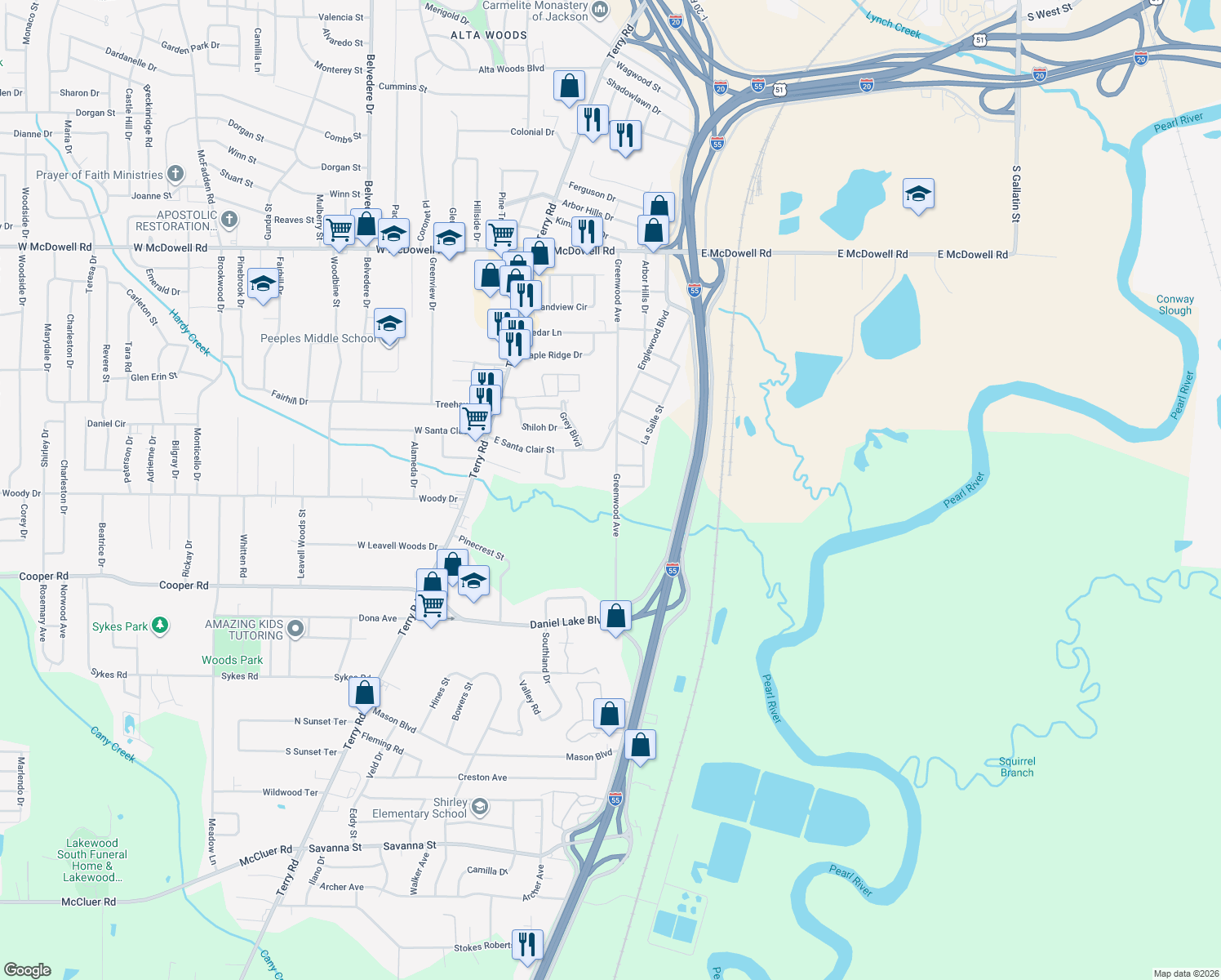 map of restaurants, bars, coffee shops, grocery stores, and more near 3103 Greenwood Avenue in Jackson