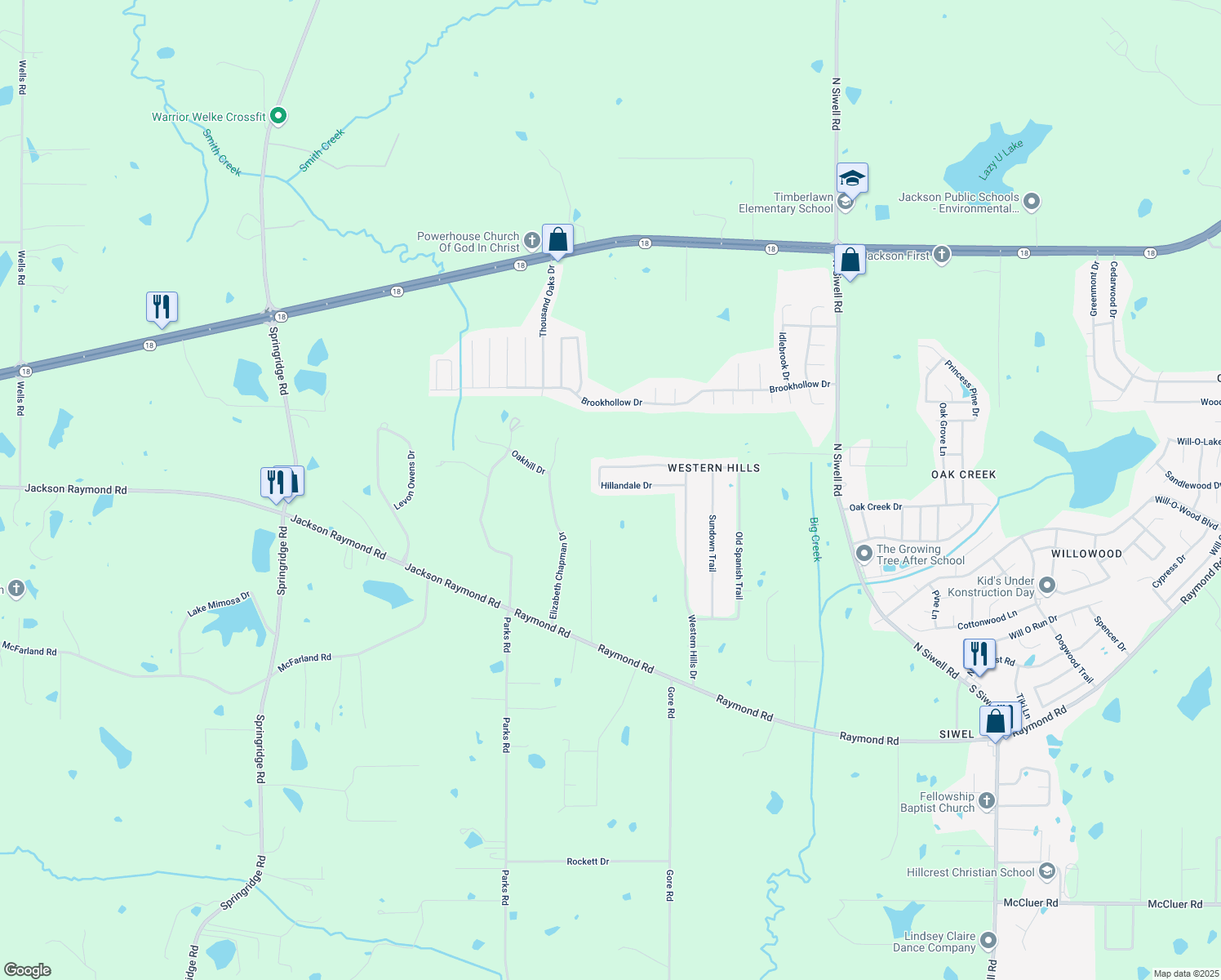 map of restaurants, bars, coffee shops, grocery stores, and more near 553 Hillandale Drive in Jackson