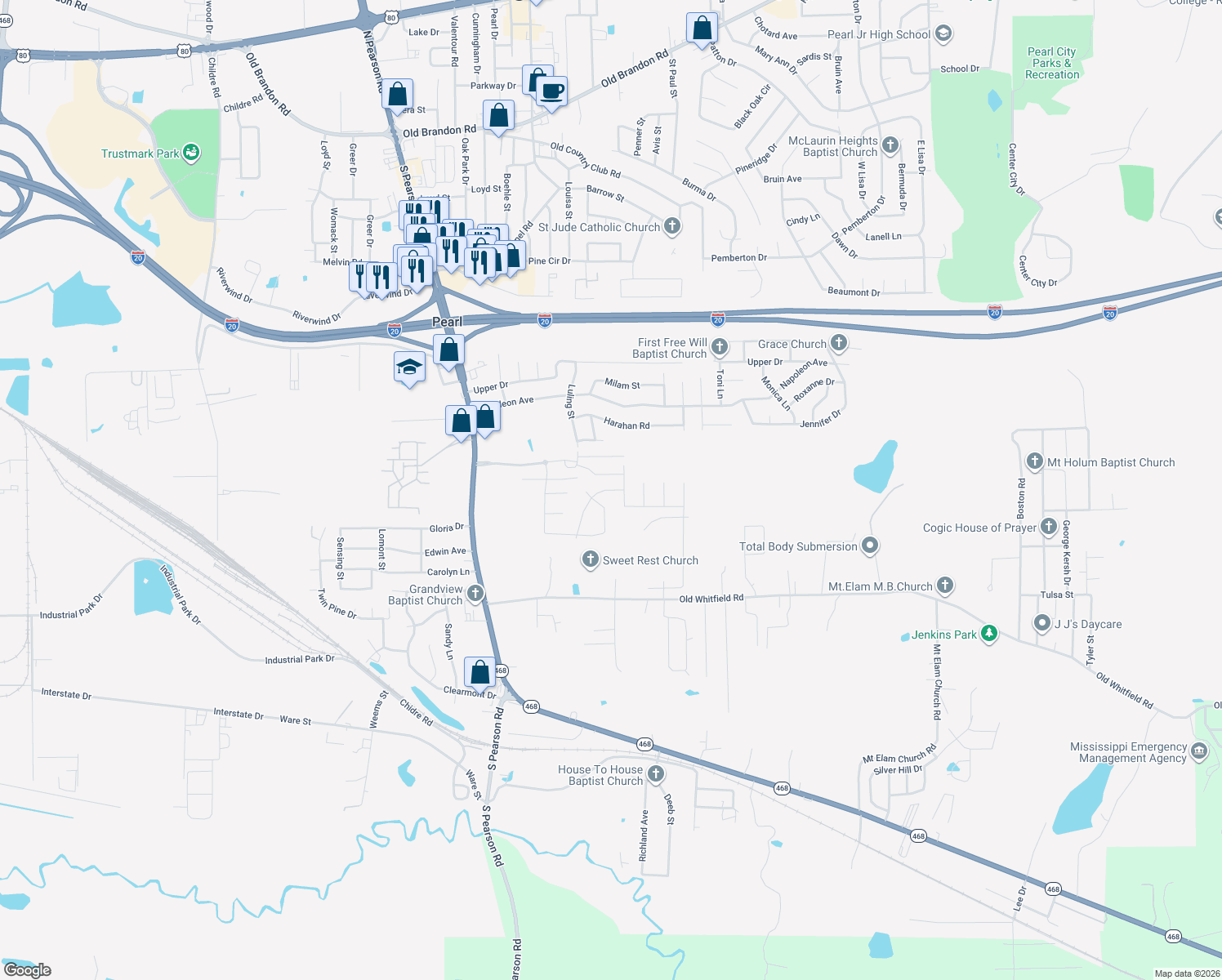 map of restaurants, bars, coffee shops, grocery stores, and more near 427 Poplar Boulevard in Pearl