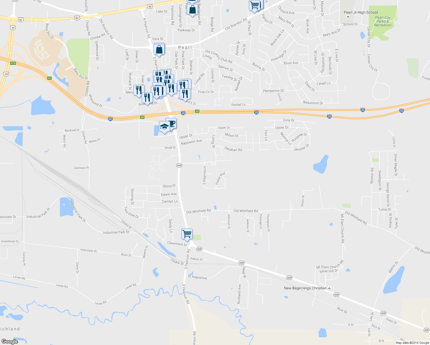 map of restaurants, bars, coffee shops, grocery stores, and more near 110 River Pointe Place in Pearl