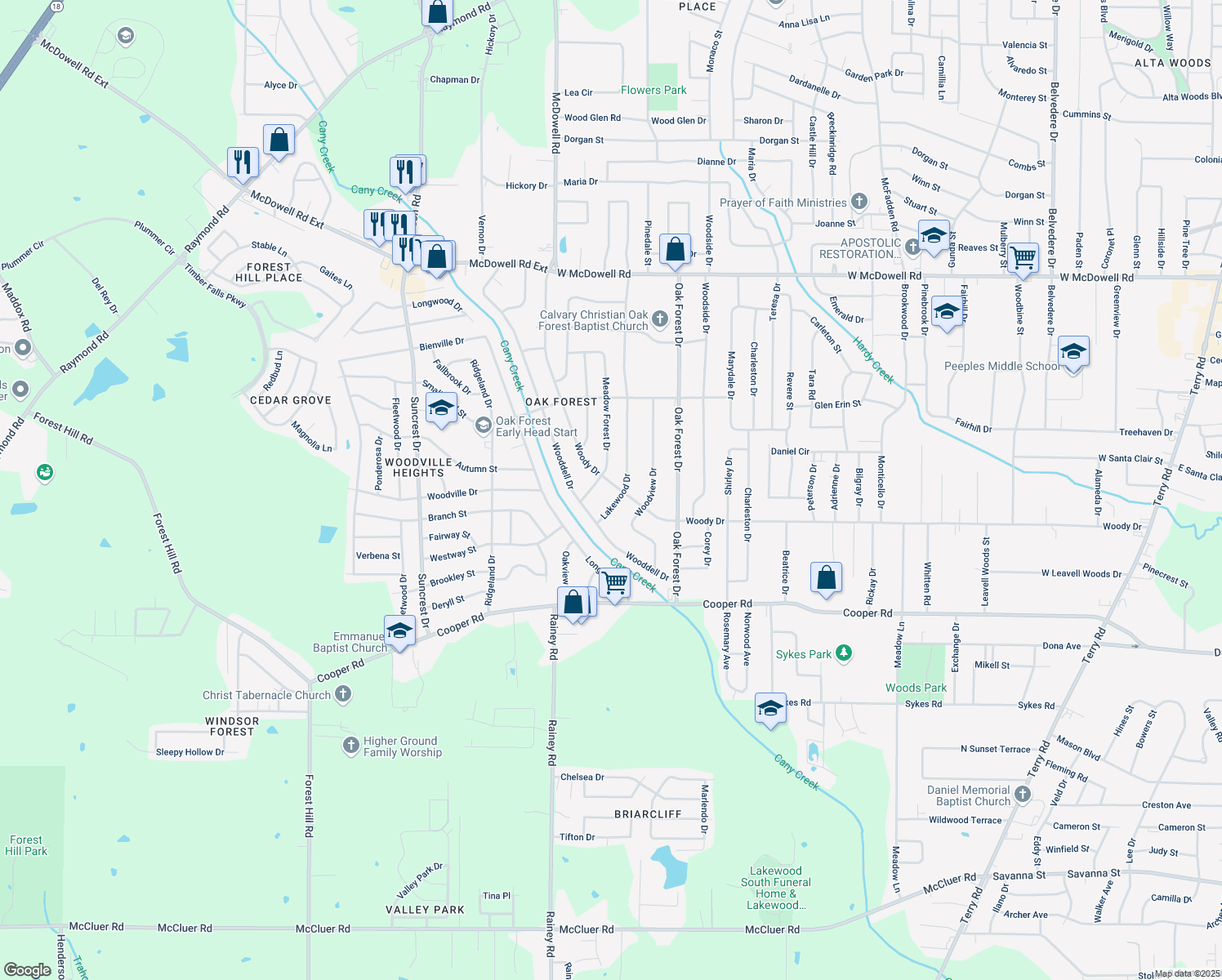 map of restaurants, bars, coffee shops, grocery stores, and more near 1211 Woody Drive in Jackson