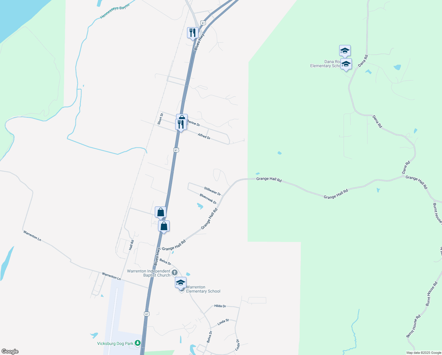 map of restaurants, bars, coffee shops, grocery stores, and more near 228 Commons Circle in Vicksburg