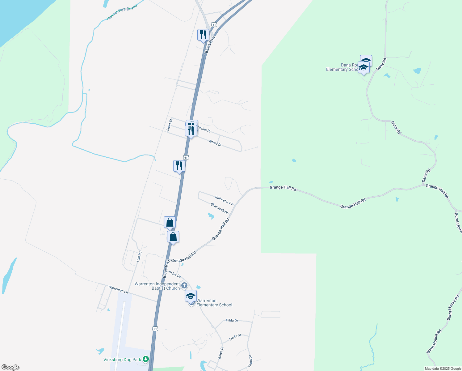 map of restaurants, bars, coffee shops, grocery stores, and more near 235 Commons Circle in Vicksburg