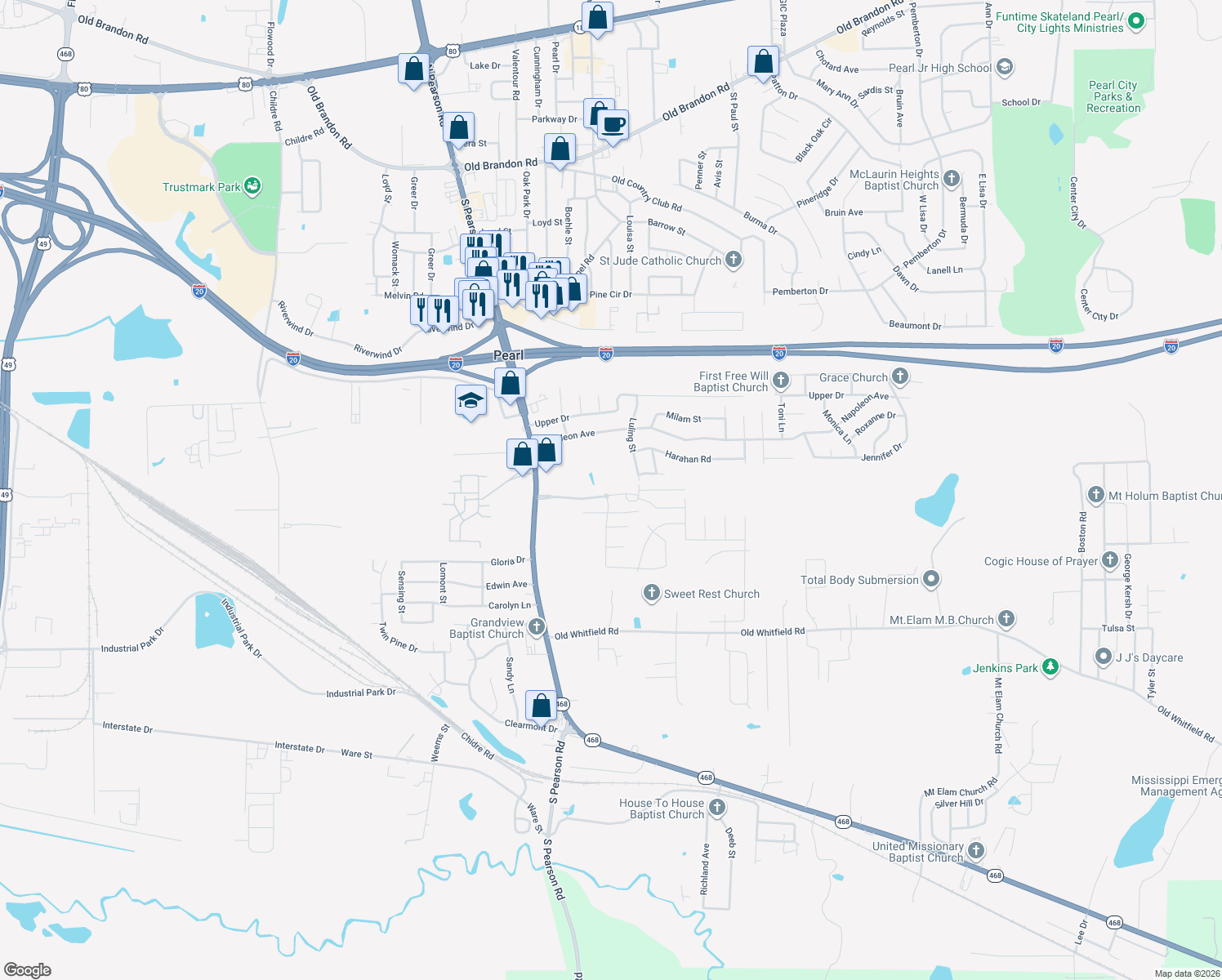 map of restaurants, bars, coffee shops, grocery stores, and more near 105 River Ridge Pkwy in Pearl