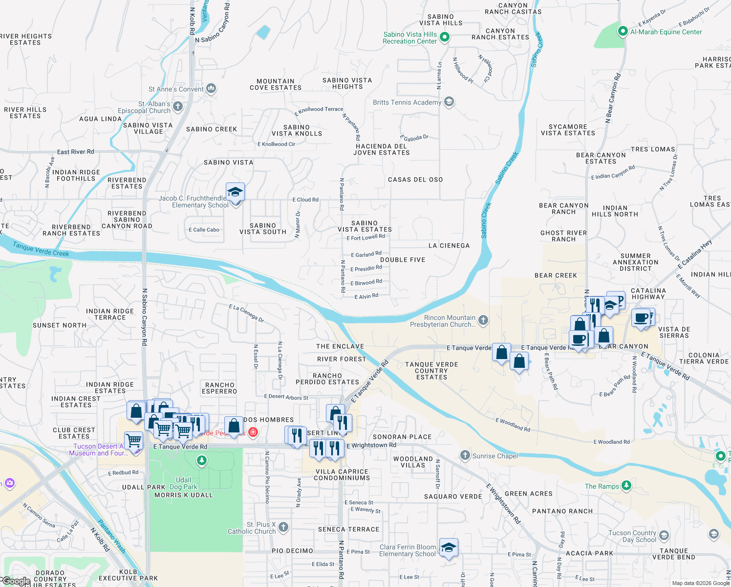 map of restaurants, bars, coffee shops, grocery stores, and more near 7951 East Alvin Road in Tucson