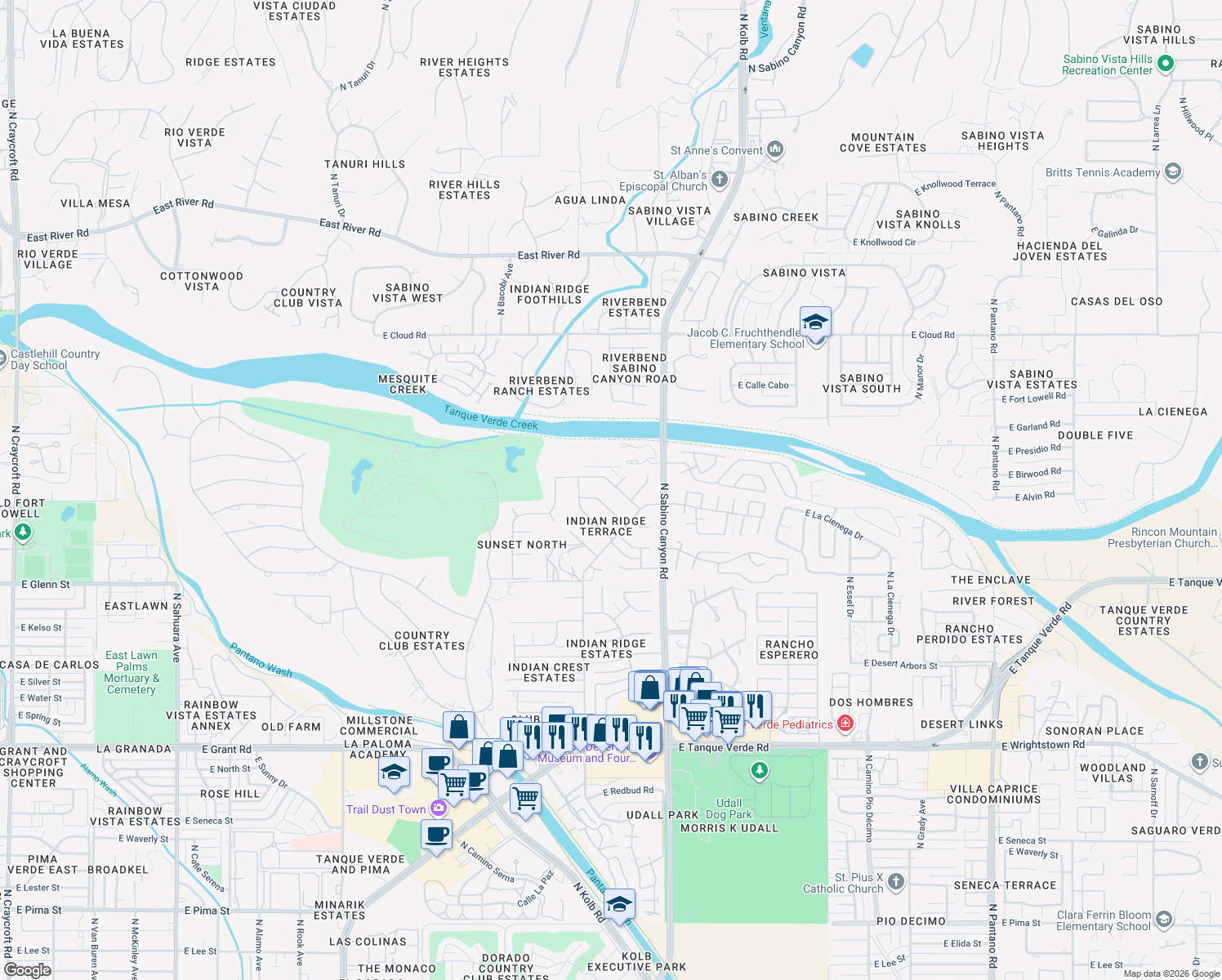 map of restaurants, bars, coffee shops, grocery stores, and more near 6950 East Potawatami Drive in Tucson