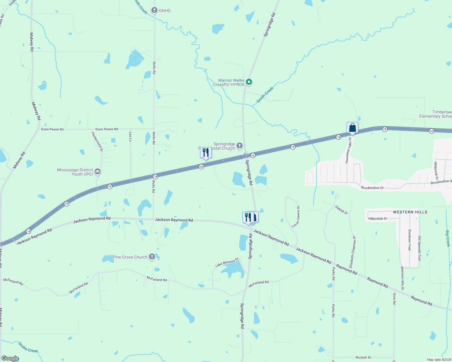 map of restaurants, bars, coffee shops, grocery stores, and more near 3767 Springridge Road in Raymond