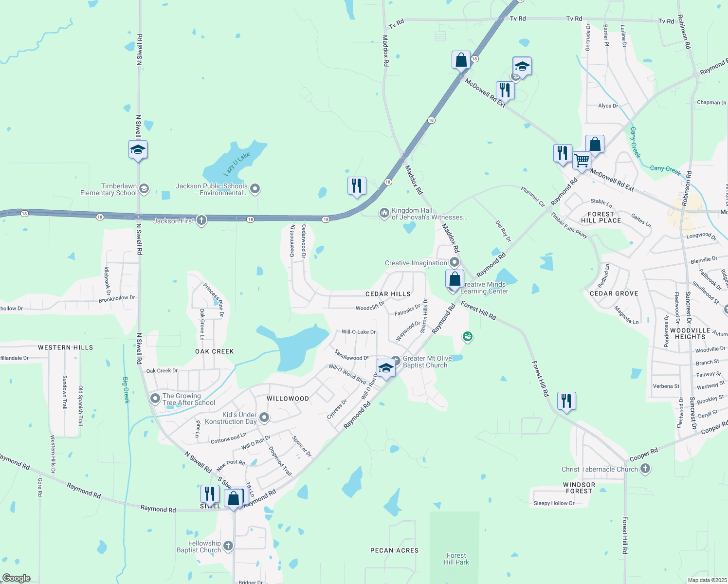 map of restaurants, bars, coffee shops, grocery stores, and more near 326 Cedarwood Drive in Jackson